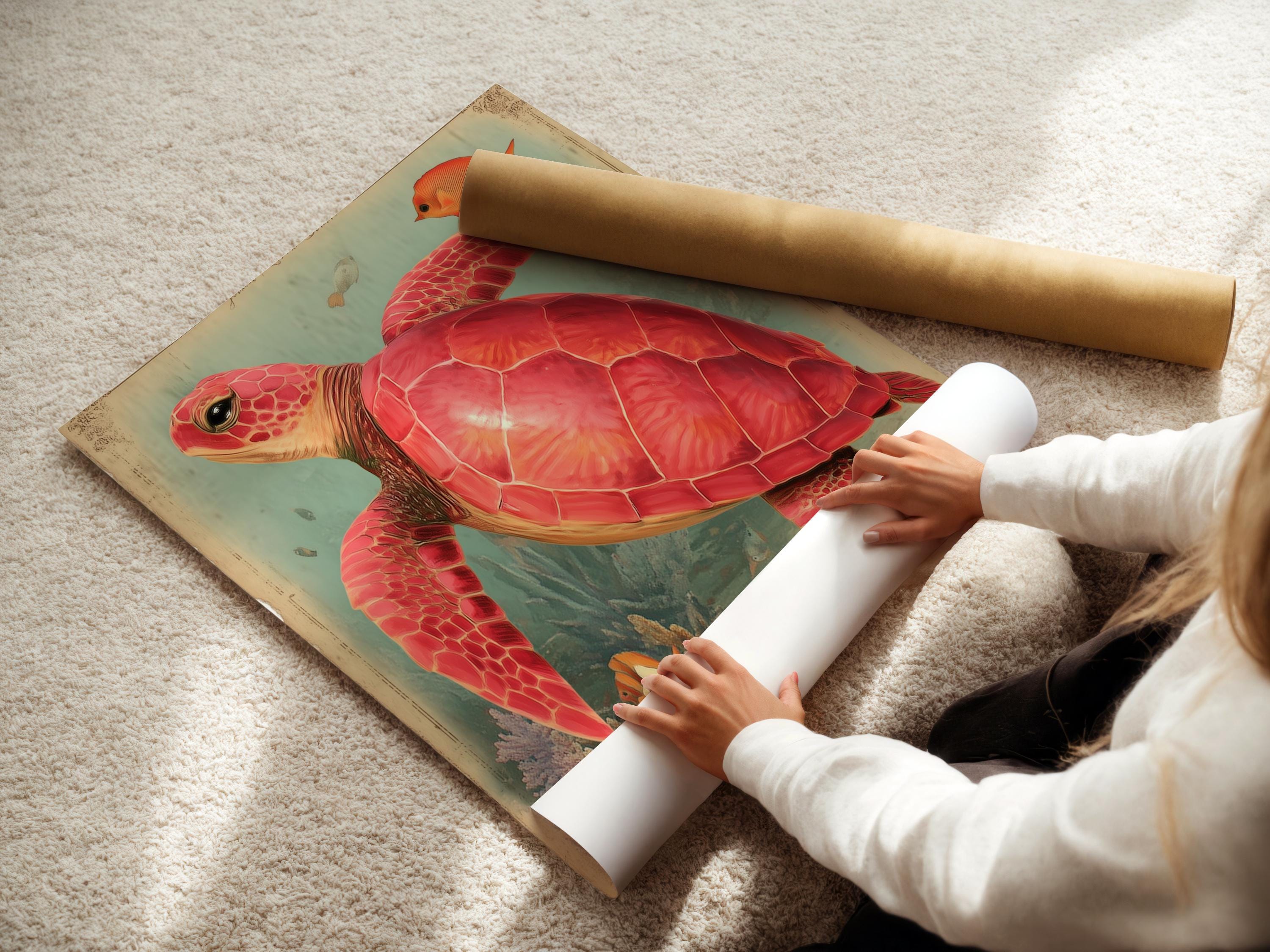 Red sea turtle swimming in a vintage coral reef scene with orange fish and teal ocean water detail view
