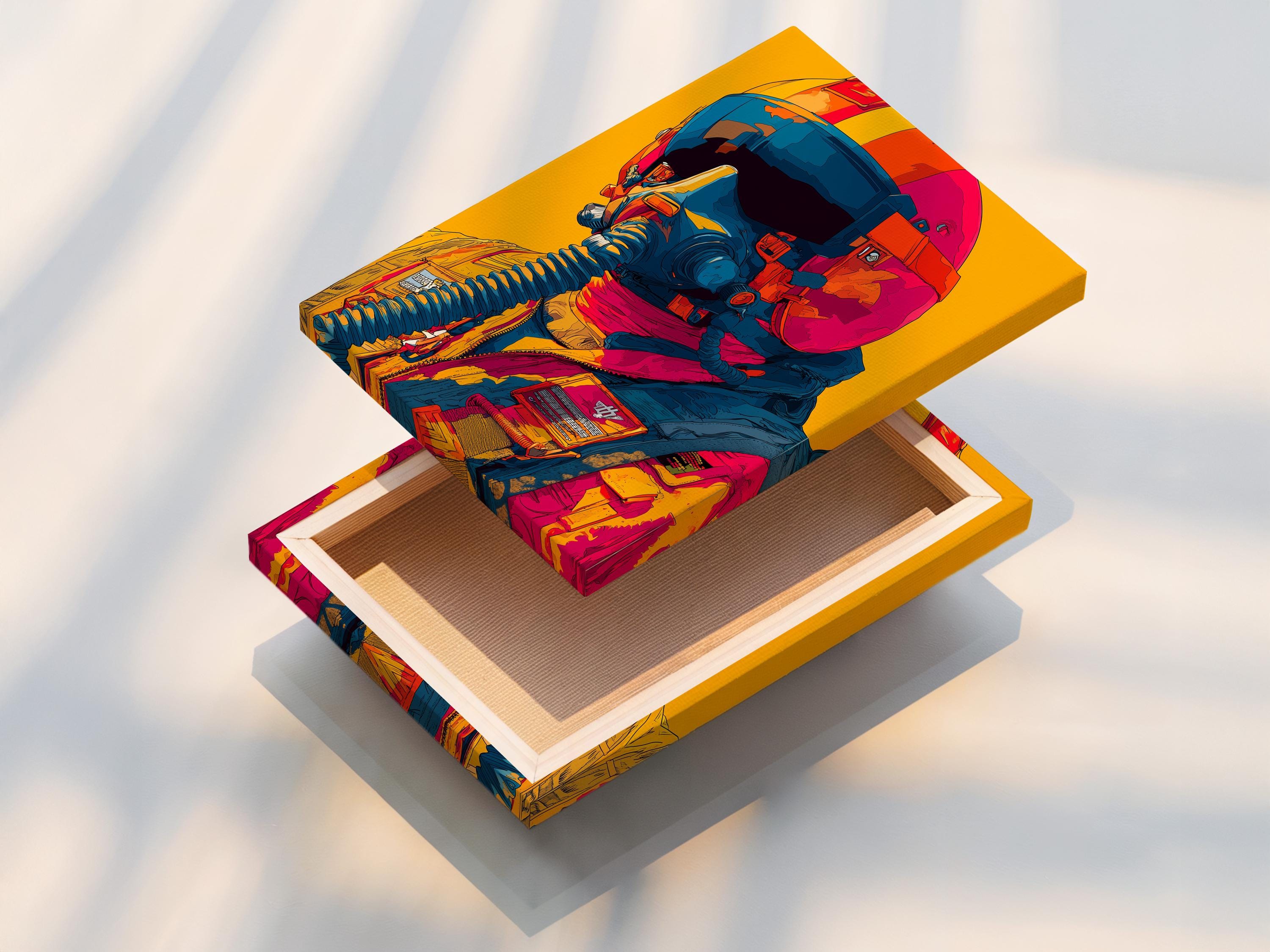 Mockup showing a framed retro pilot wall artwork with teal, orange and hot pink colours on a yellow background
