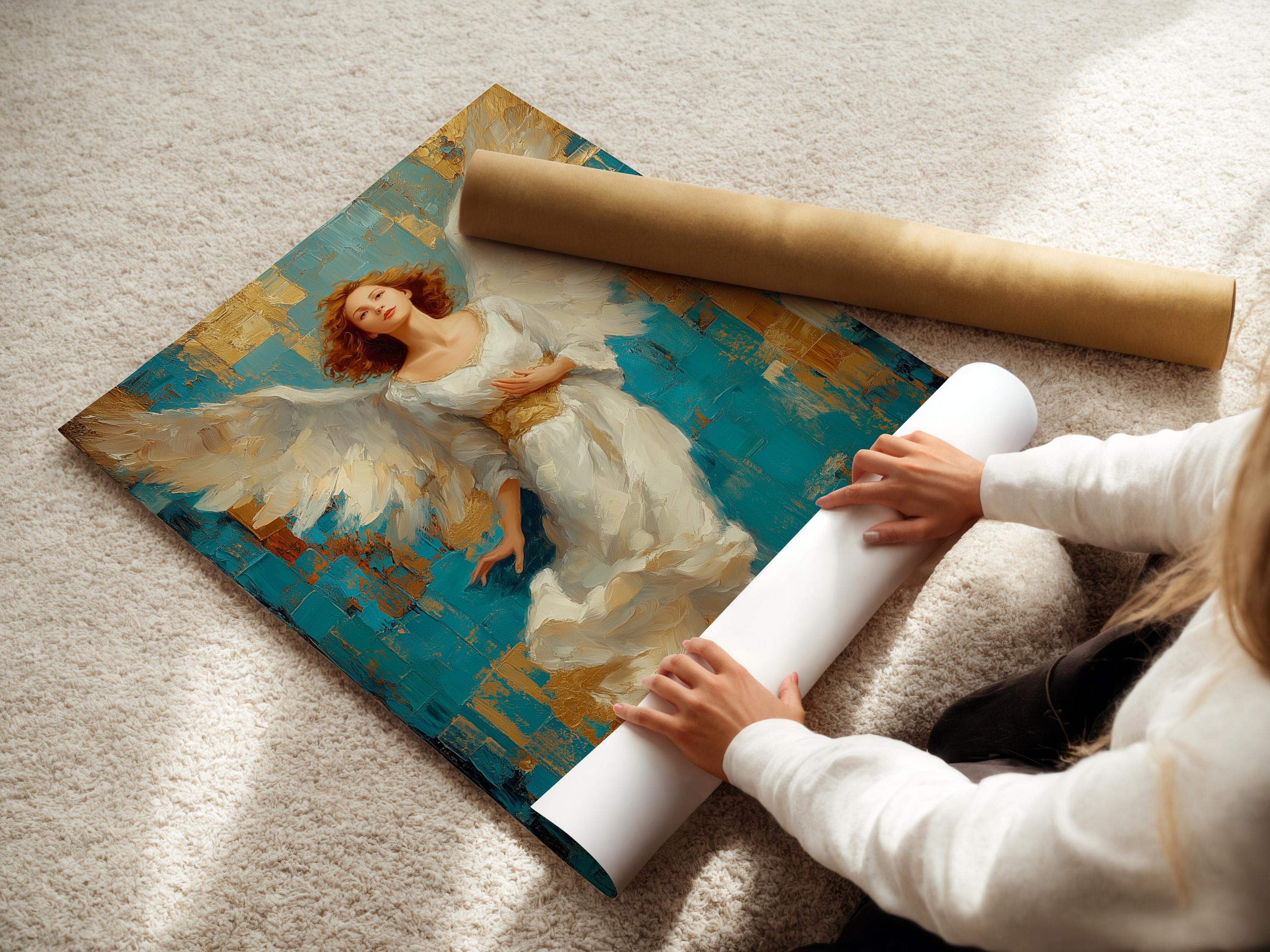Winged angel portrait with flowing white robes against a teal and gold textured background detail view