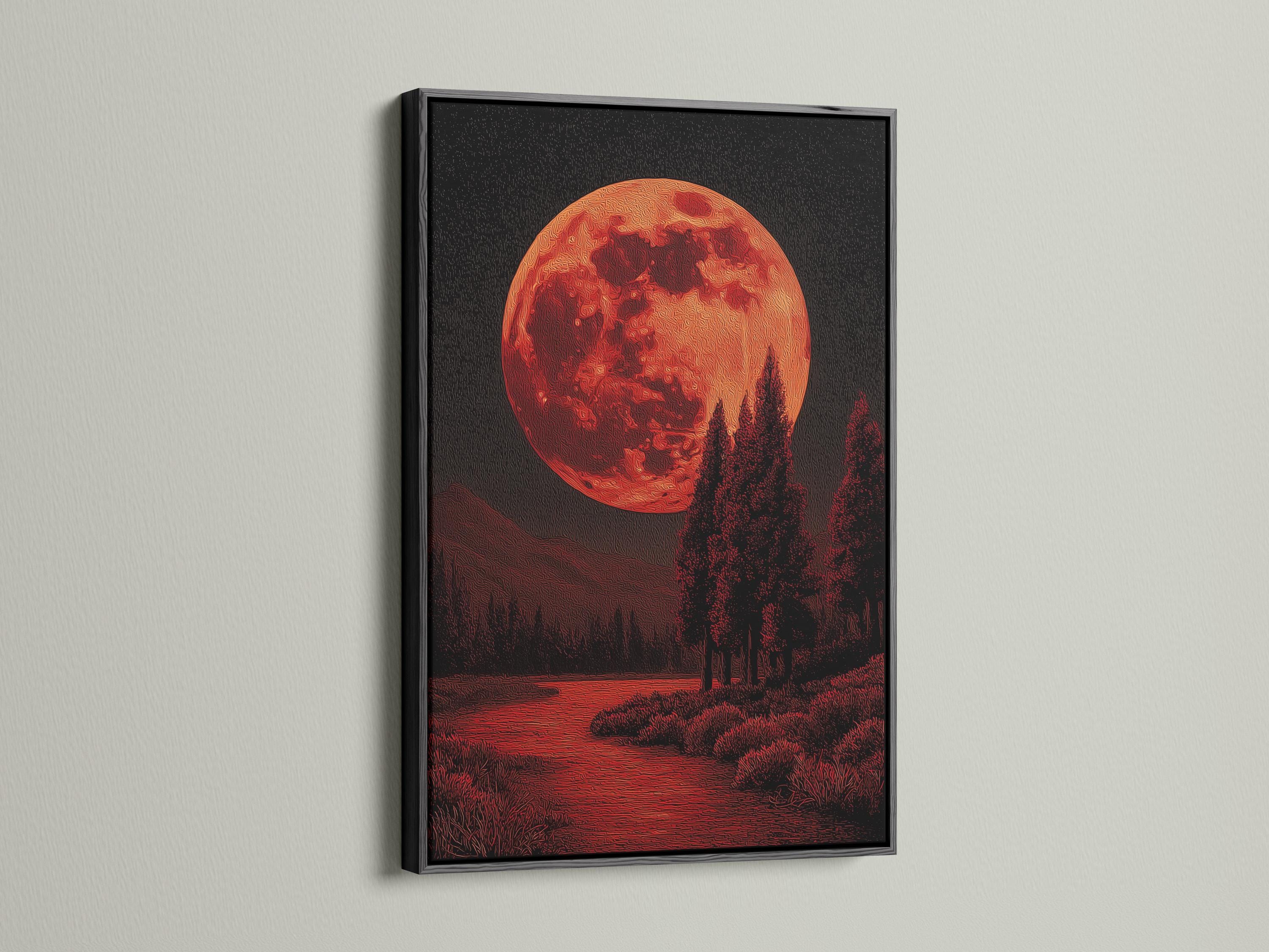 Red moon over a dark forest landscape with textured crimson and black details detail view