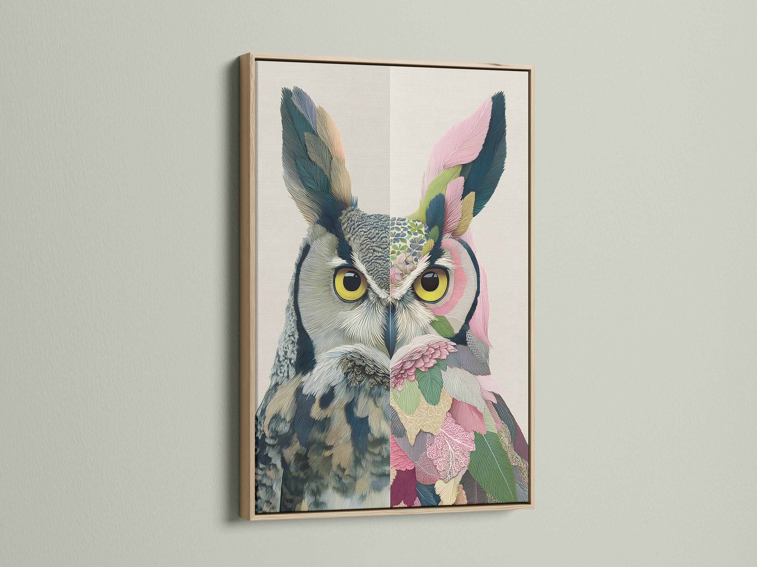 Split owl portrait with yellow eyes, fanned wings and pink flower plus green leaf details detail view