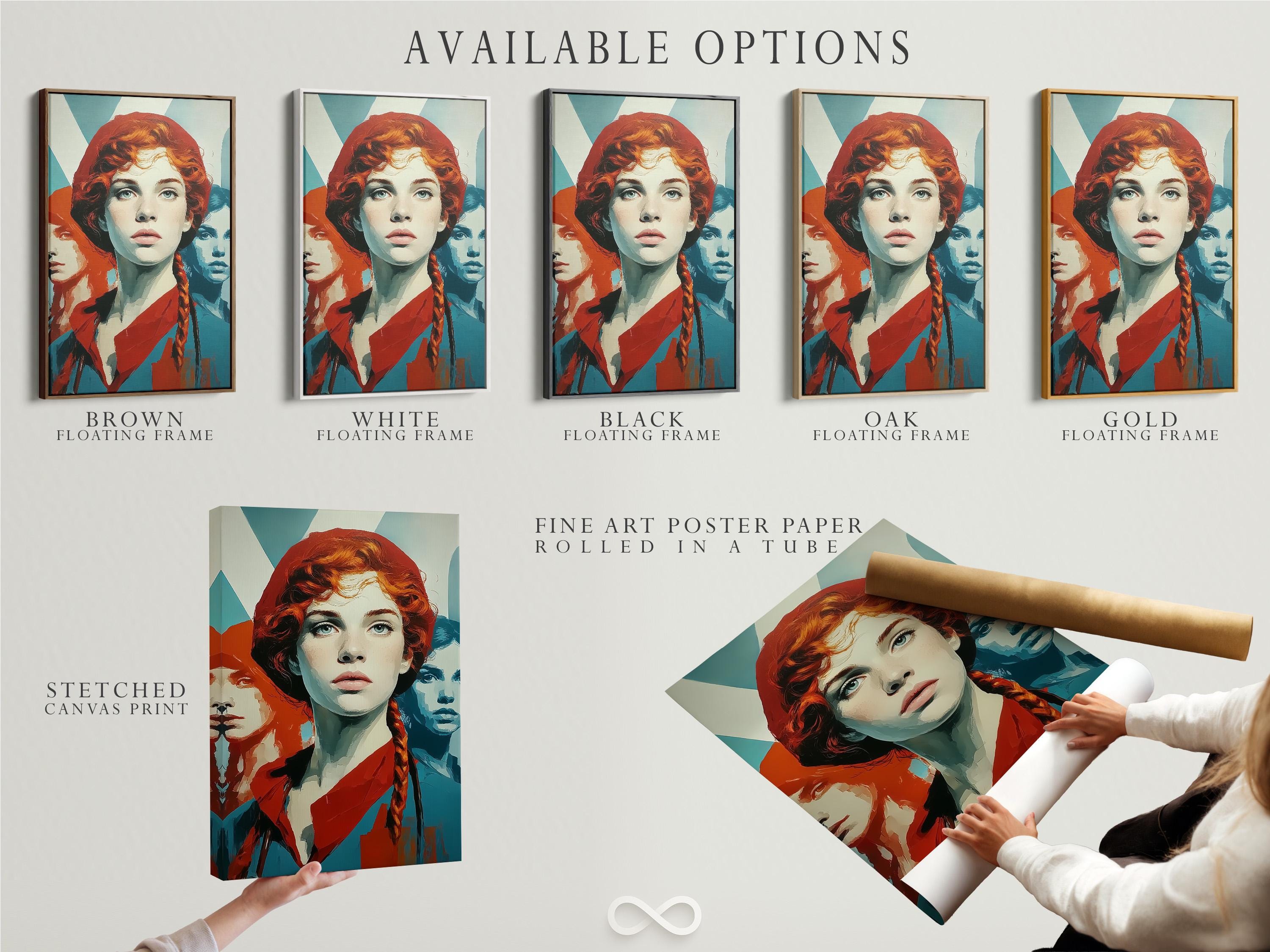 Retro pop-art portrait of a red-haired woman with teal and orange colour blocks detail view