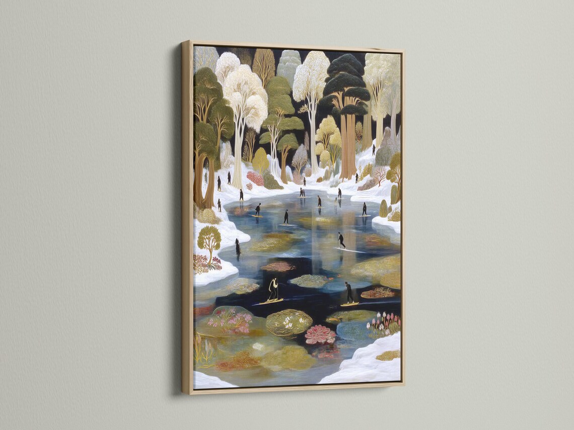 A winter pond landscape shows snow-covered trees with gold-toned accents and figures gliding on an icy waterway detail view