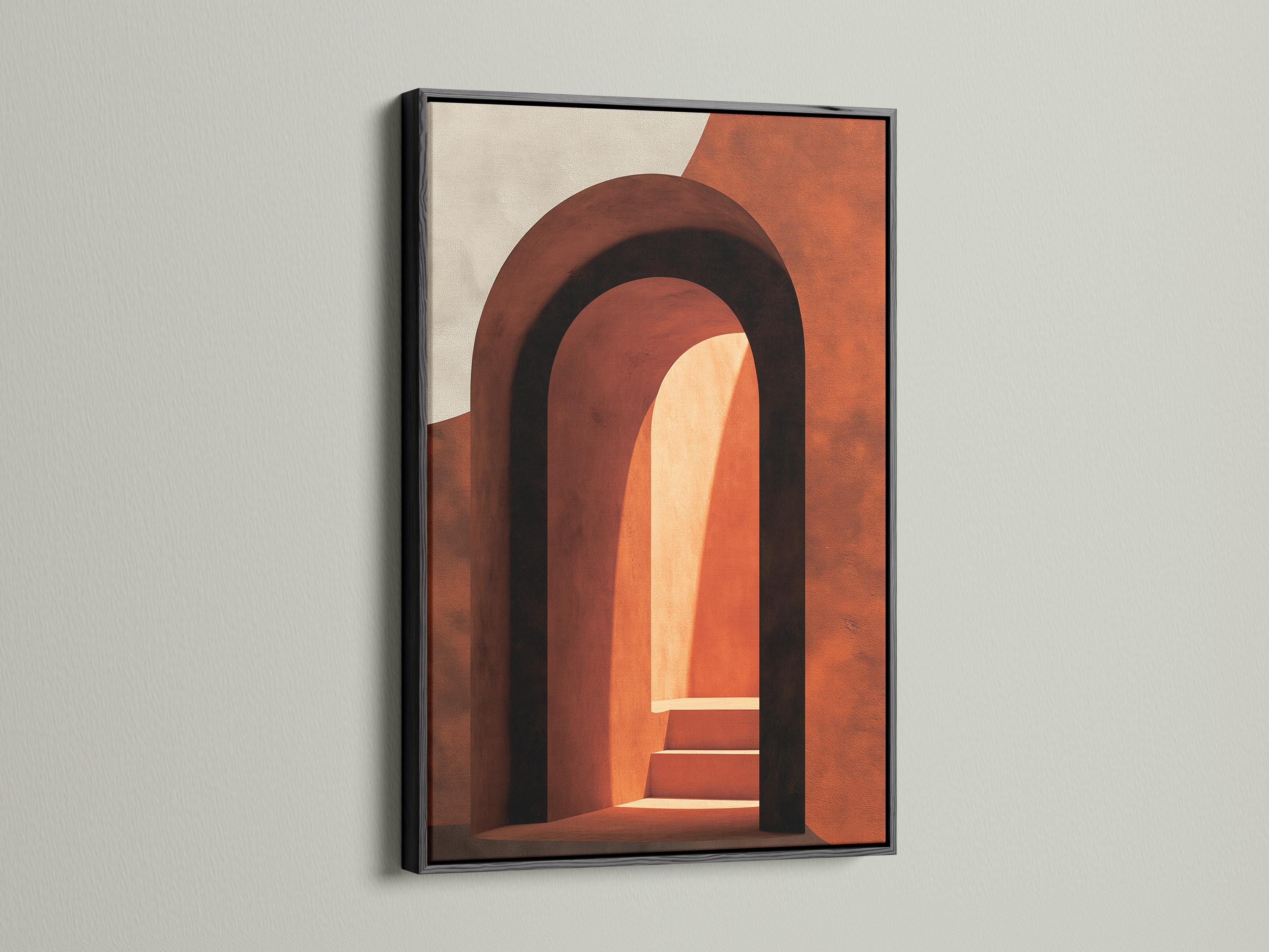 Woman holding a mug standing beside an abstract arch wall artwork in warm terracotta tones