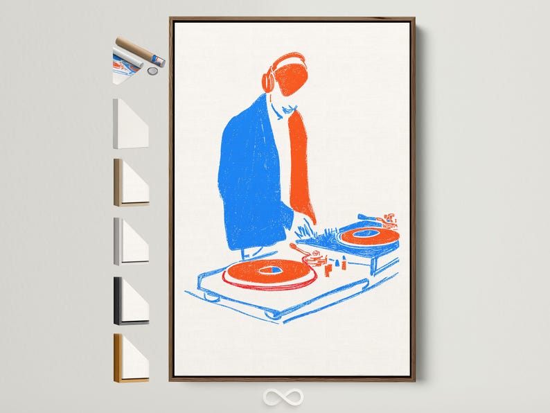 Stylised DJ with orange headphones over a turntable, in blue and orange with red accents