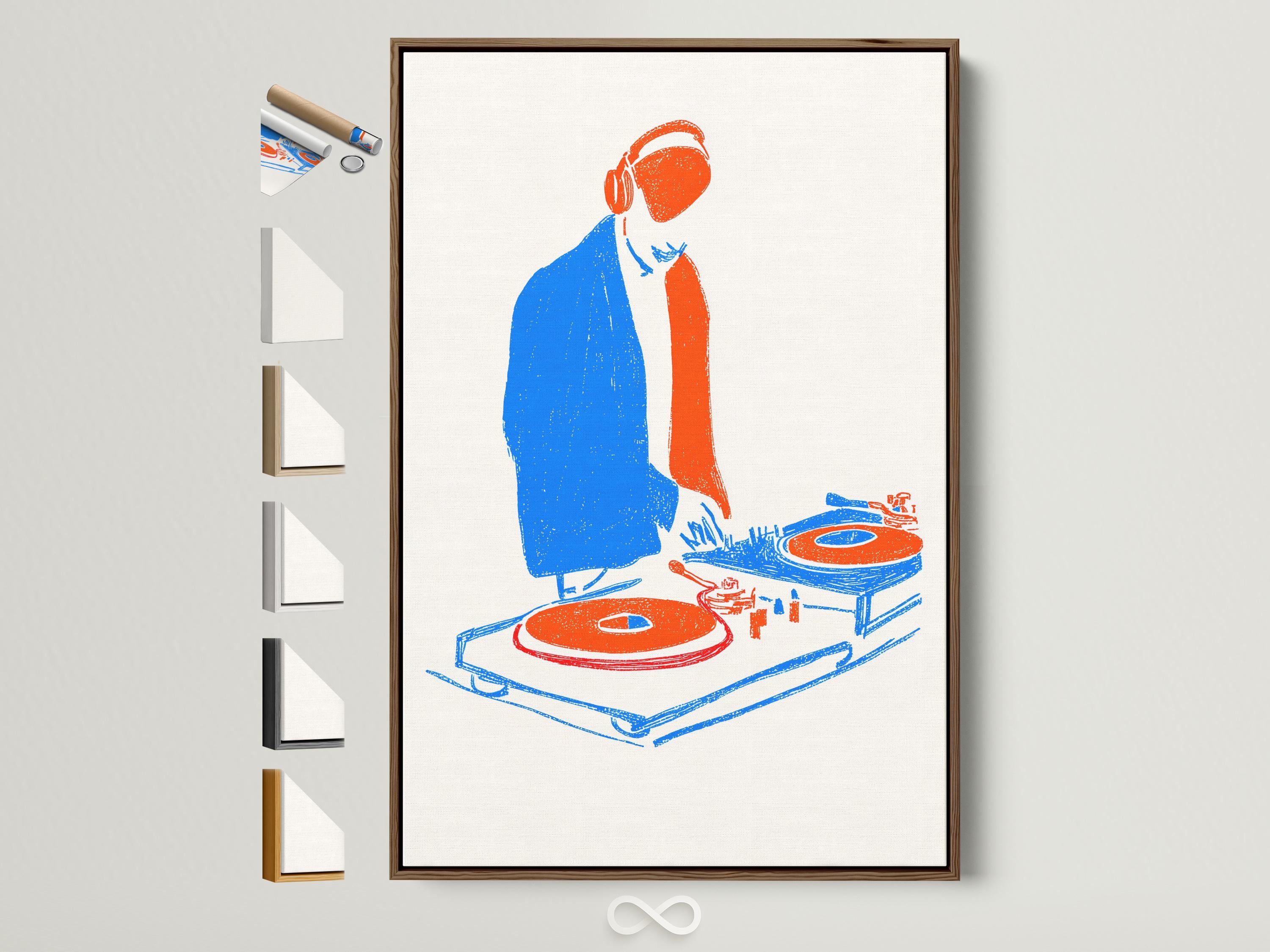Stylised DJ with orange headphones over a turntable, in blue and orange with red accents