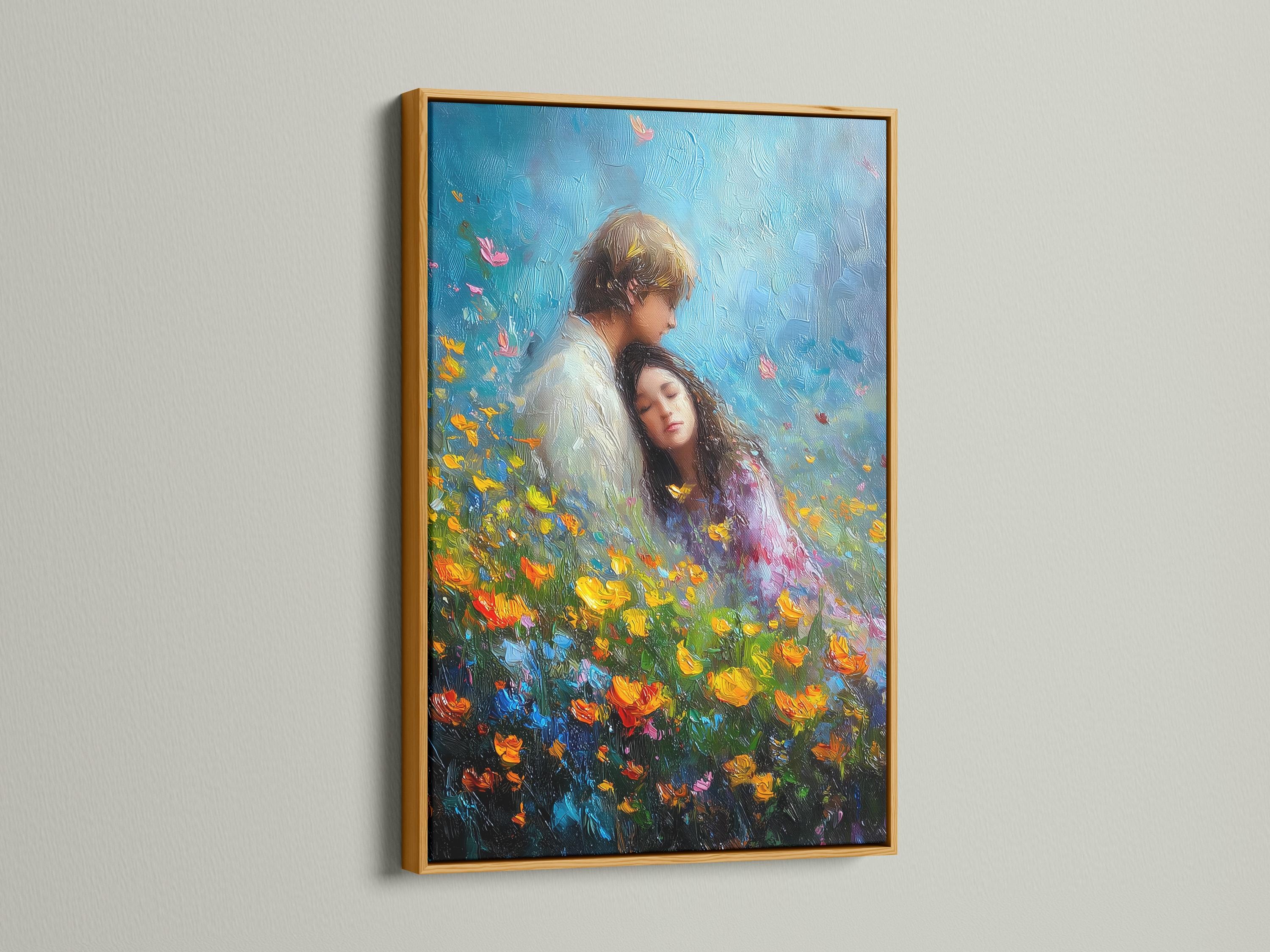 Romantic couple embracing in a blue wildflower field, painterly textured style detail view