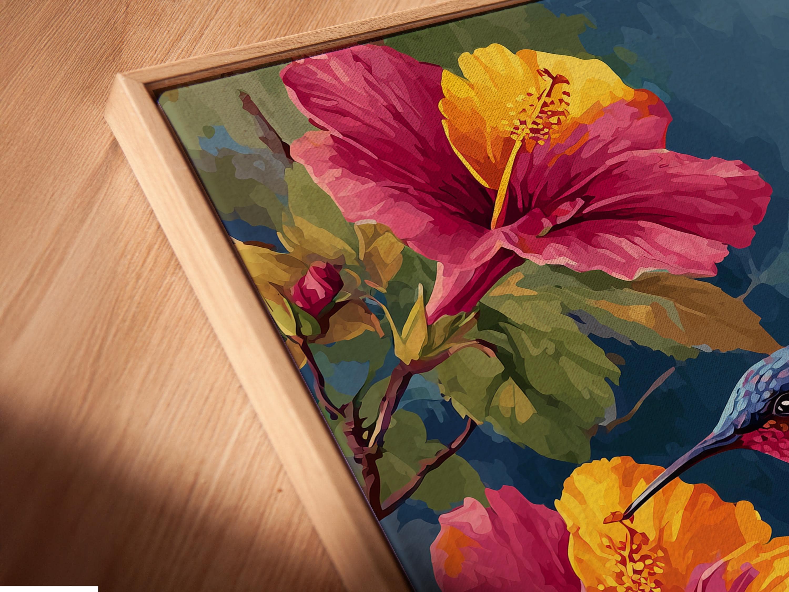 Room mockup showing a hummingbird and hibiscus floral artwork