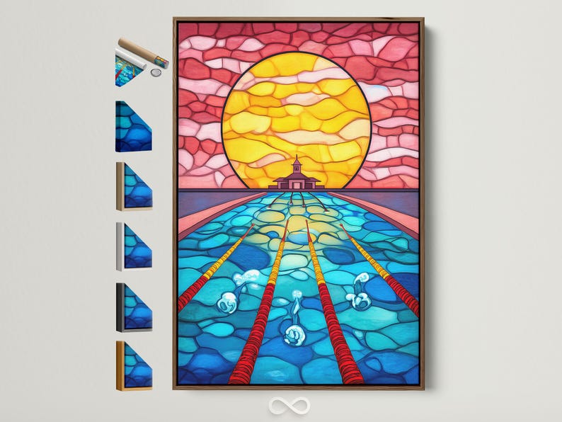 Stained-glass style ocean scene with a circular sunset portal, underwater water textures, and a small temple silhouette