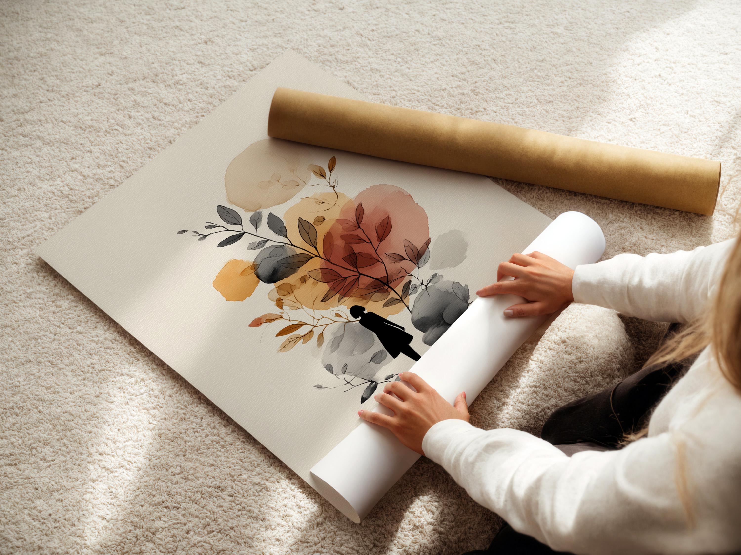 Minimalist botanical illustration with a woman silhouette, leaves, and rounded stones in neutral tones detail view