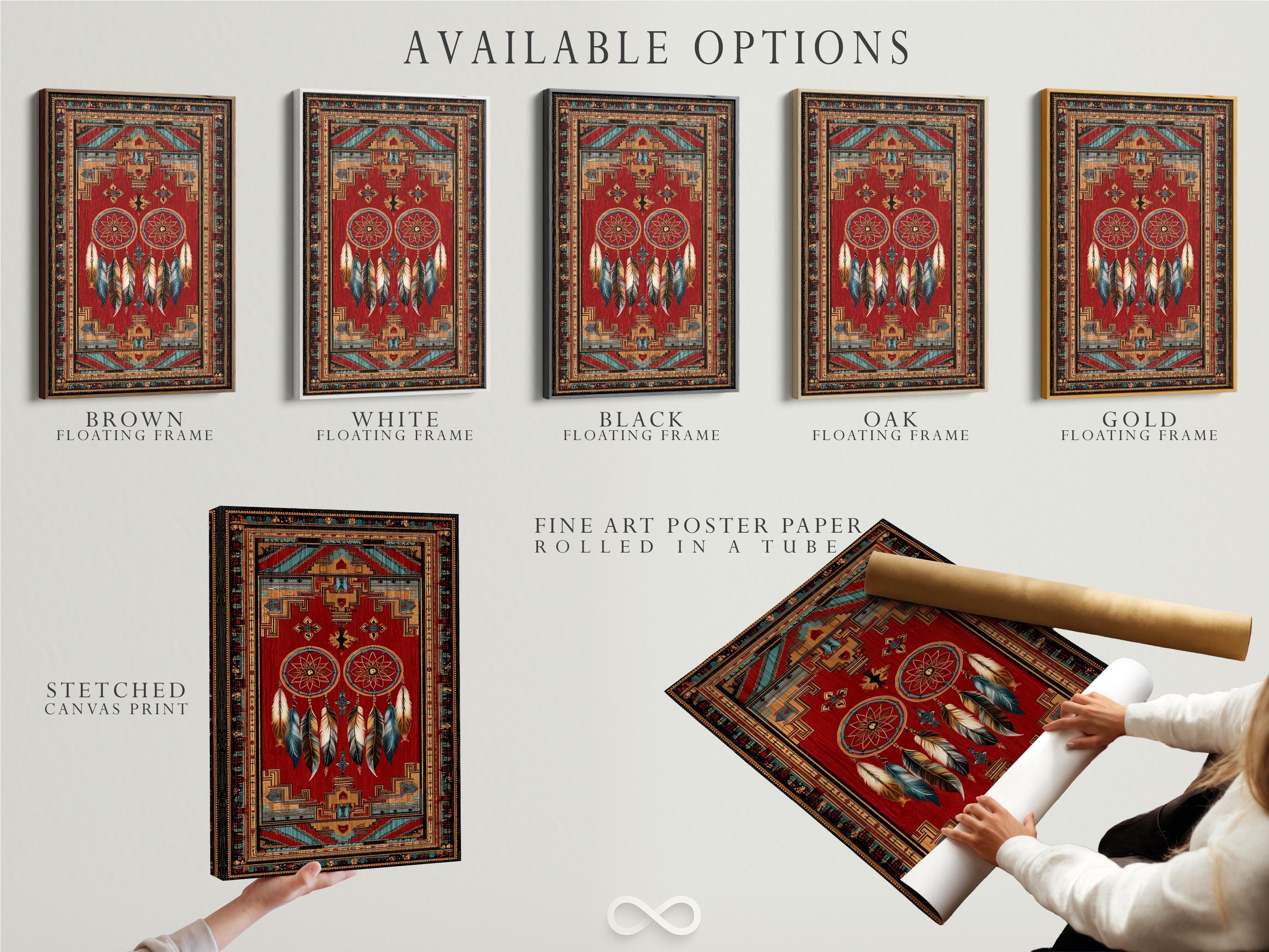 Dreamcatcher wall art with red background, teal circular webs, hanging feathers and geometric border detail view