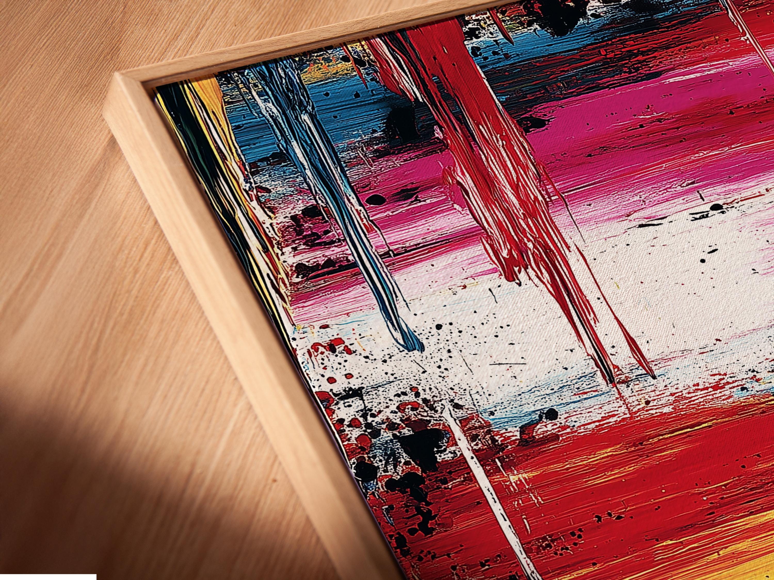 Abstract expressionist painting with red, blue, yellow, white and dark drips detail view
