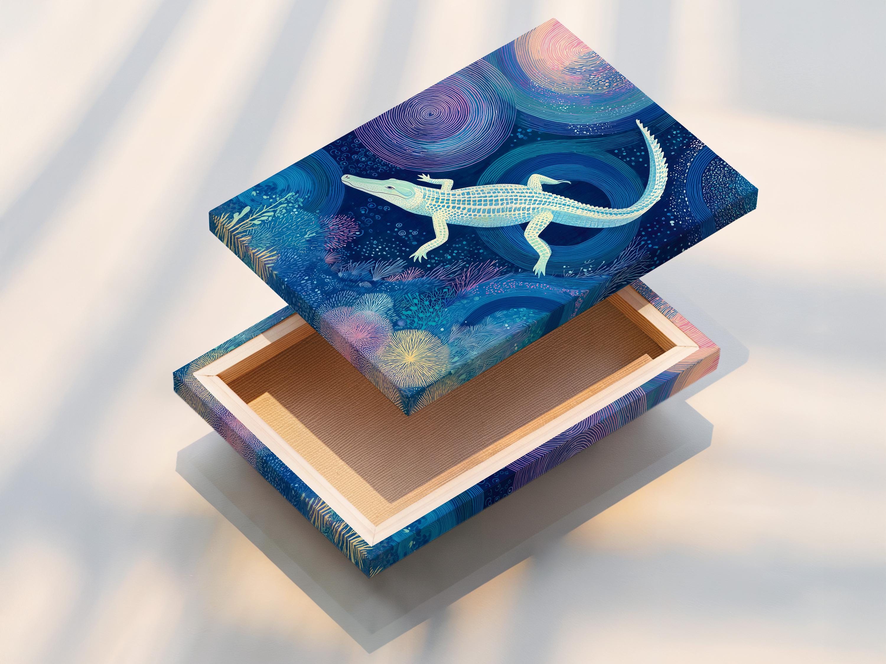 Alligator-themed underwater artwork in a brown frame shown on a wall with small packaging images around it