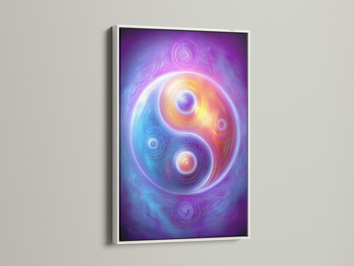 A cosmic purple artwork shows swirling concentric circles and two yin-yang style orbs with rainbow-like colour bands detail view
