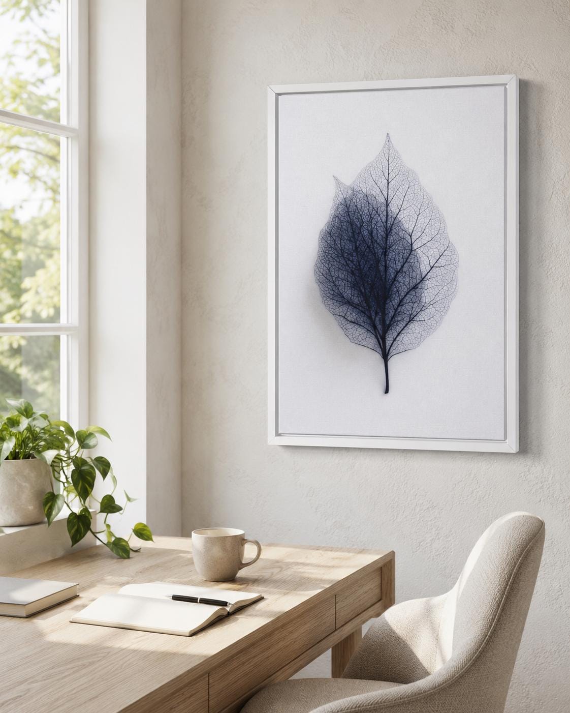 A person looking at a framed leaf skeleton wall artwork in a bright room