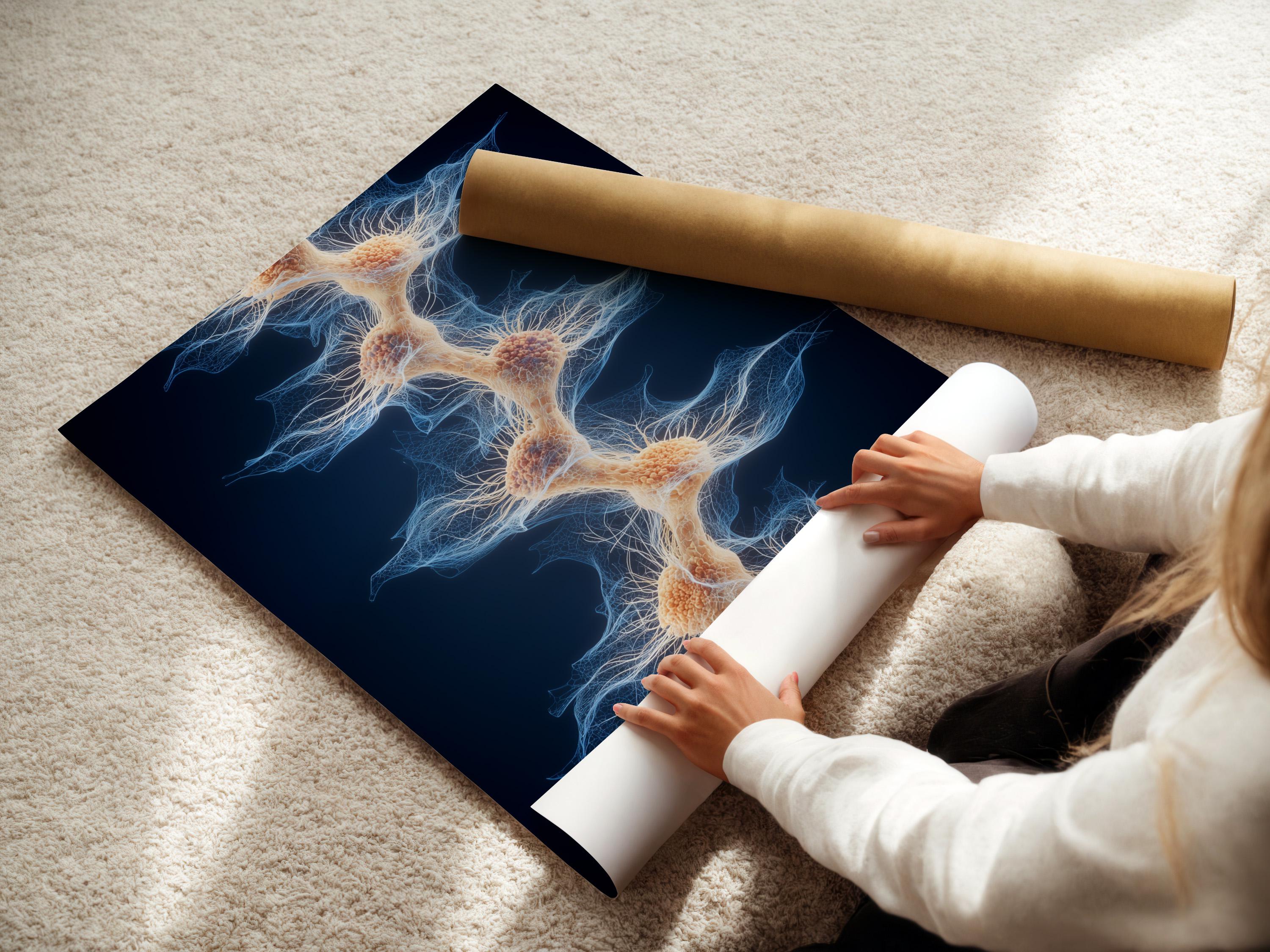 Dark navy abstract filament network with pale blue lines and beige nodes detail view