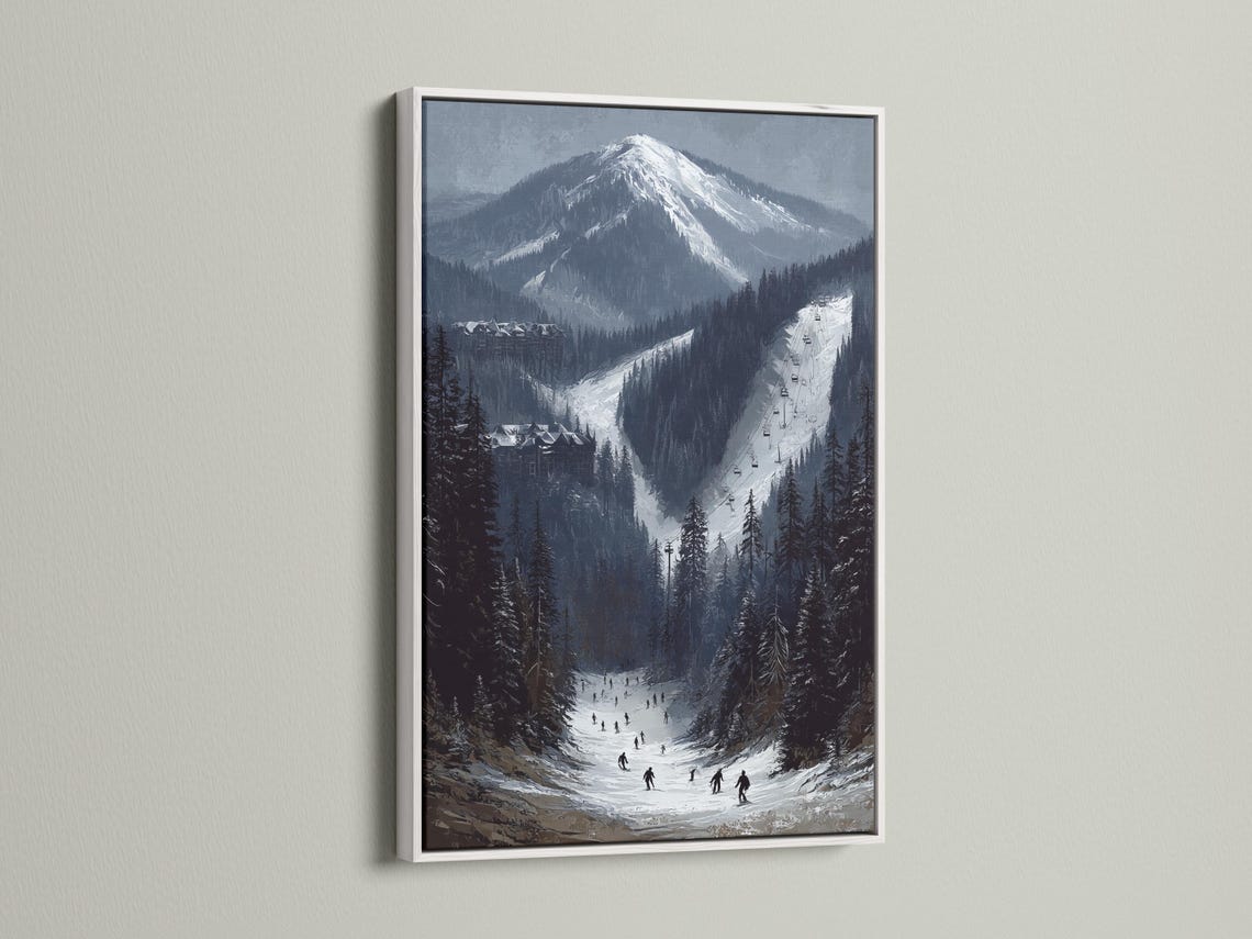 Alpine winter landscape with snow-capped mountains, evergreen trees and a ski slope with a chairlift detail view