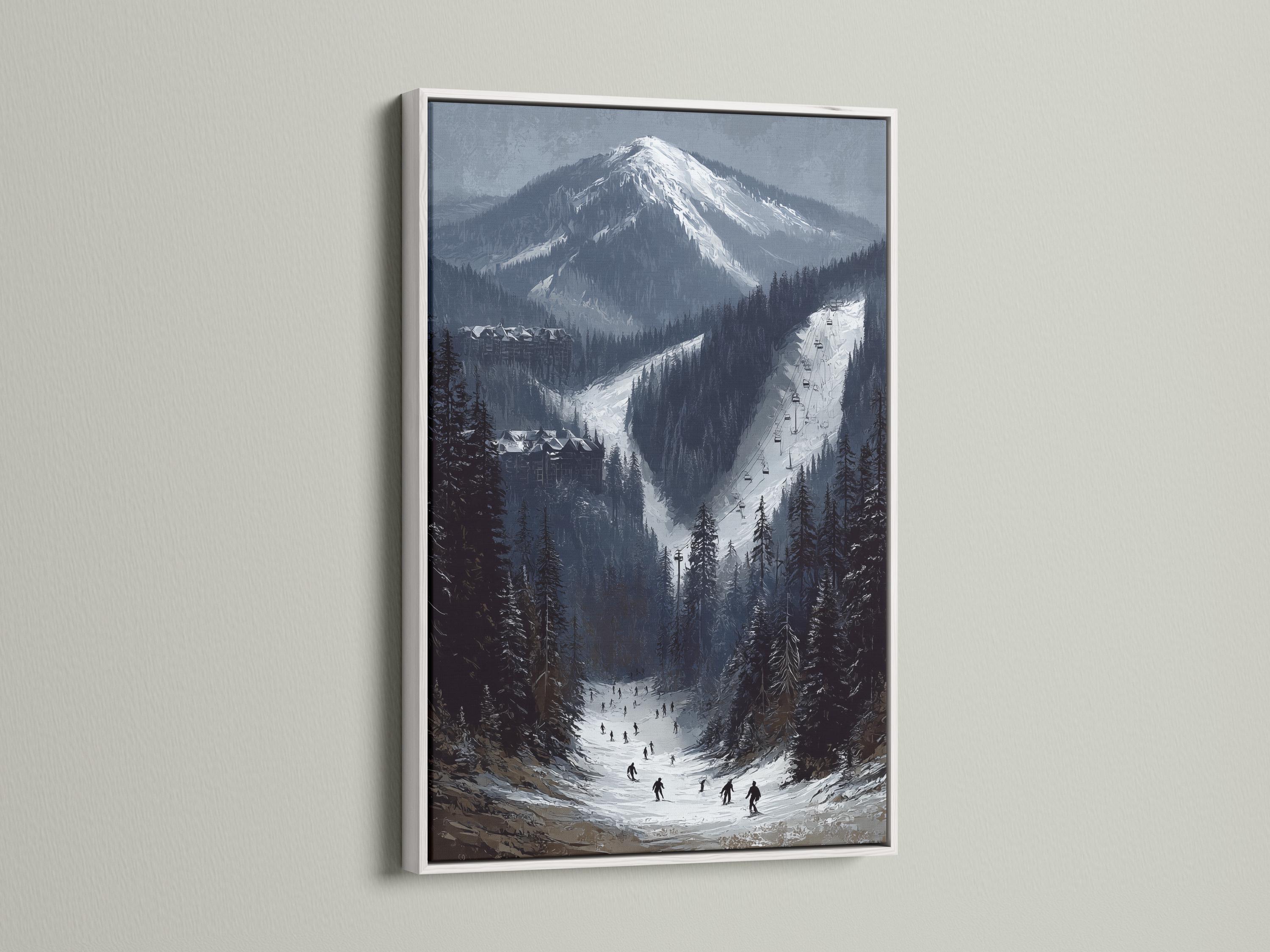 Alpine winter landscape with snow-capped mountains, evergreen trees and a ski slope with a chairlift detail view
