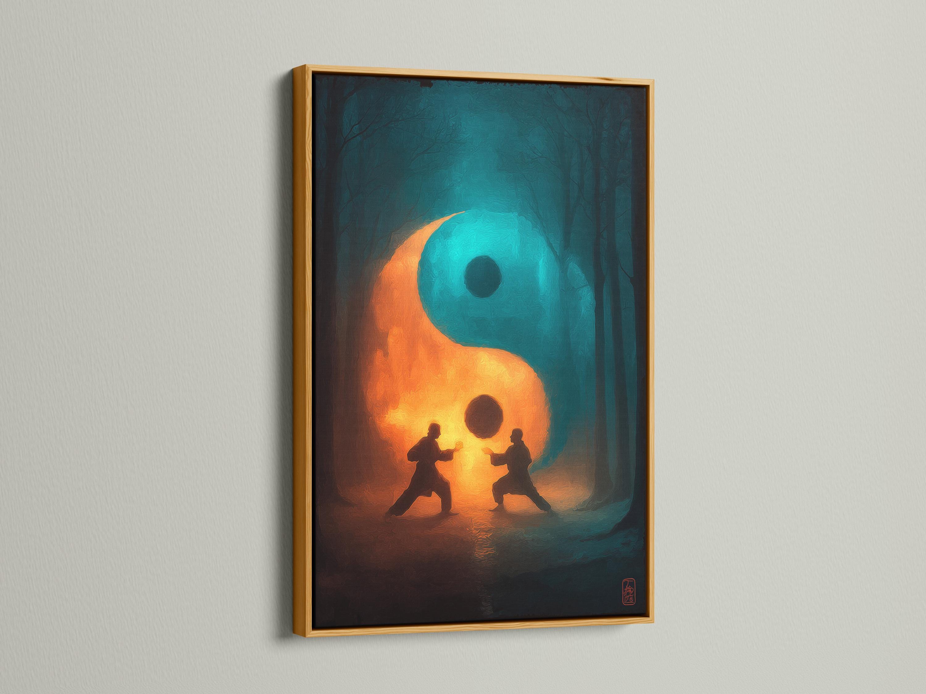 Room mockup showing a framed artwork with a teal and orange yin-yang symbol and two meditating figures