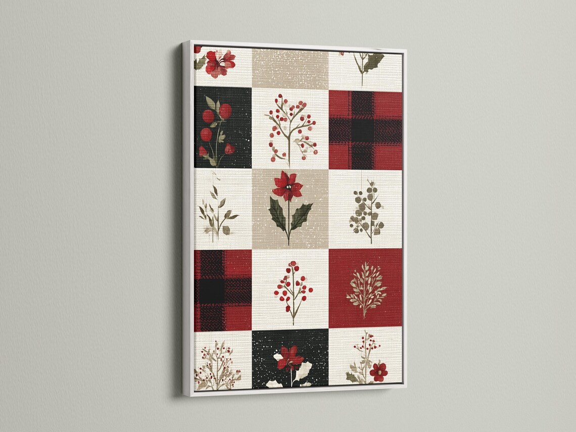 Patchwork floral artwork with red flowers and berries on cream, beige, and dark blocks detail view