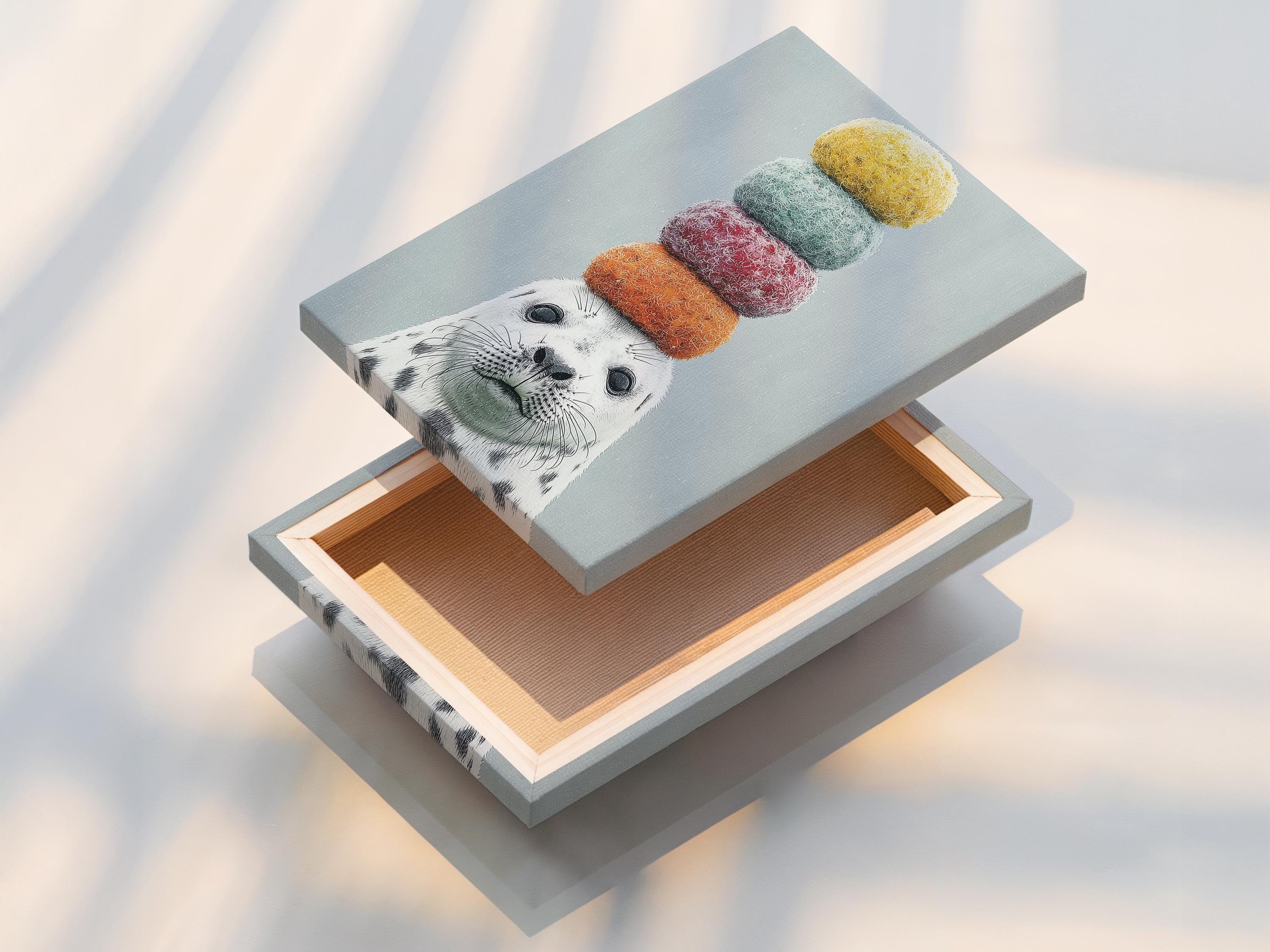 Seal wall art mockup with stacked pastel pom-pom balls