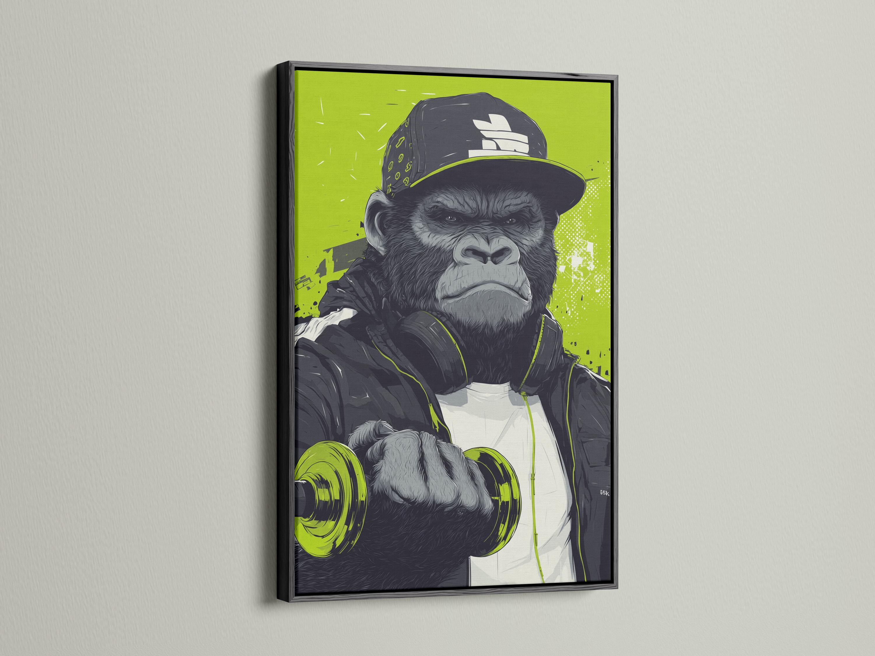 Mockup showing a framed gorilla barbell street-art image with a neon lime green background
