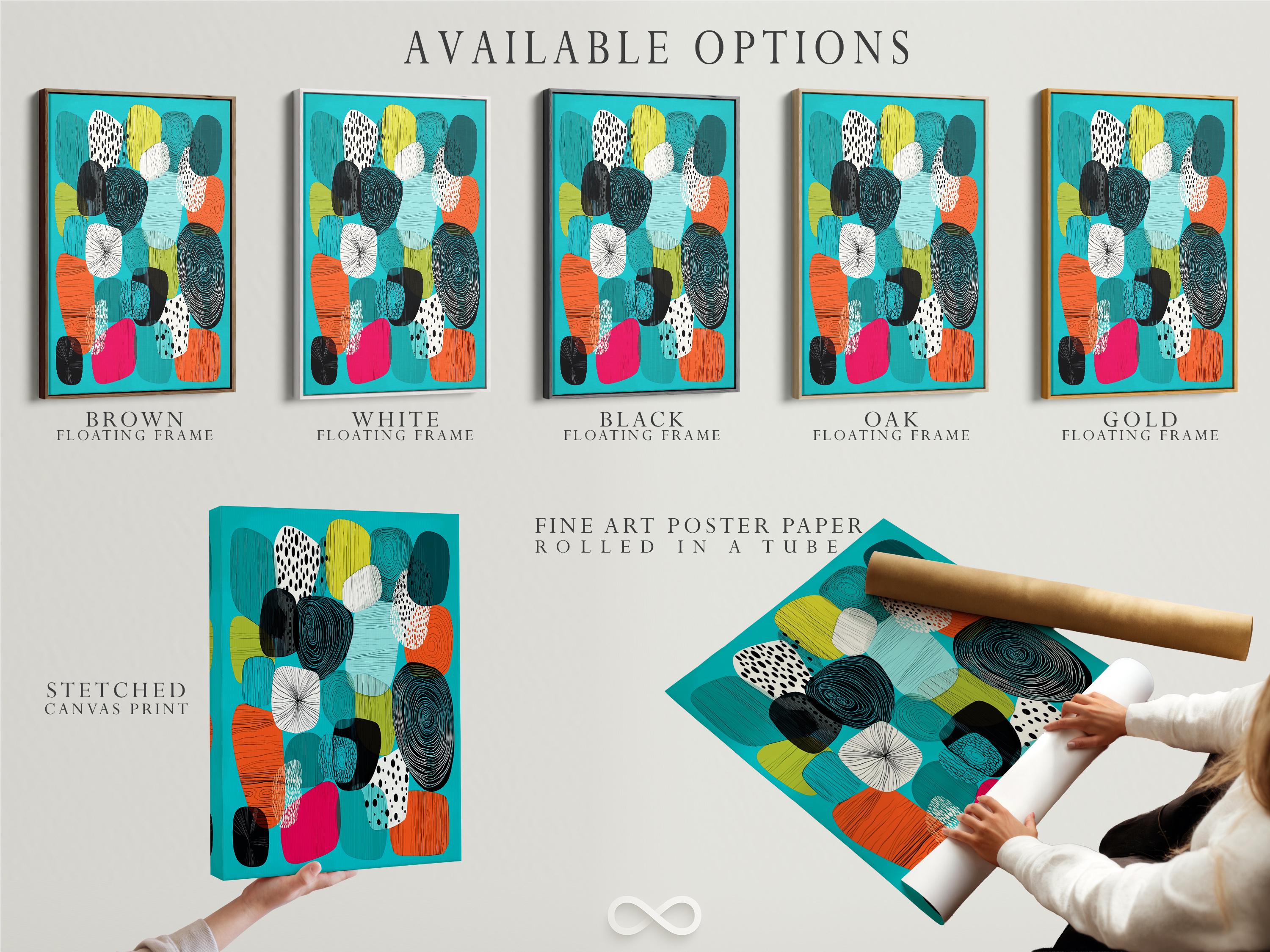 Abstract artwork in a framed composition with turquoise background and patterned shapes