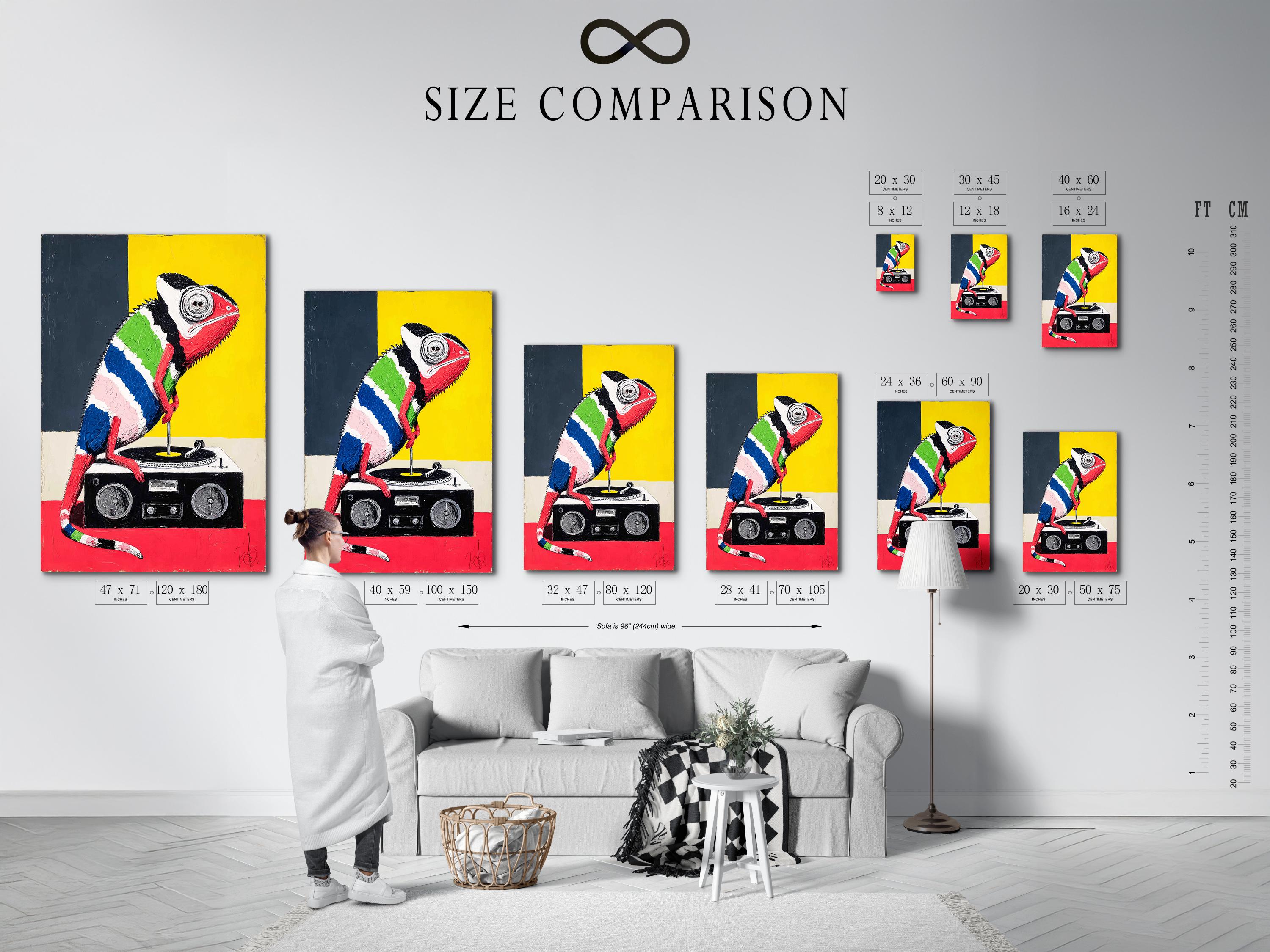 Pop-art chameleon DJ artwork with thick black outlines, bright yellow and red background blocks detail view