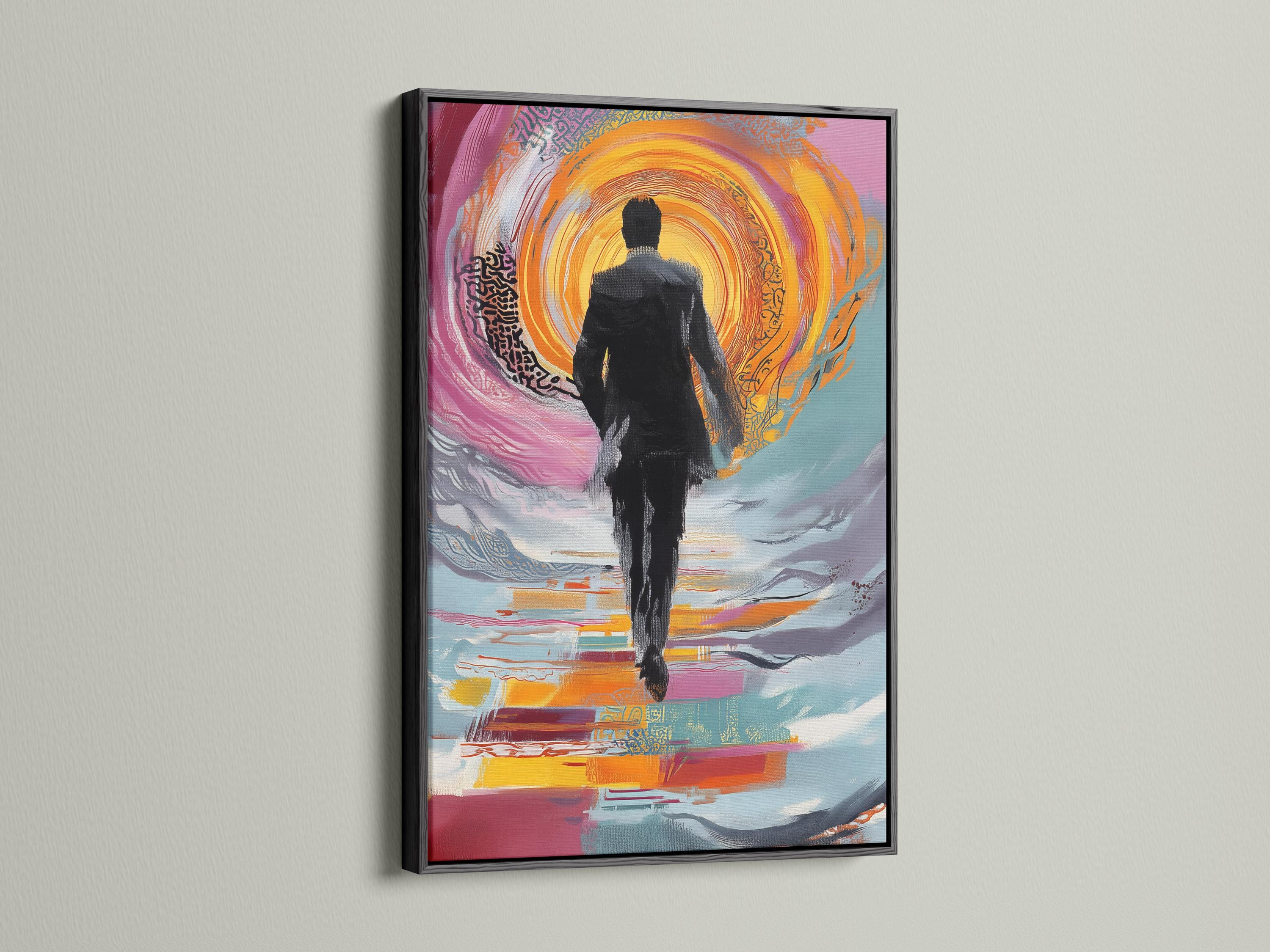 Person seated in a living room with a framed abstract man silhouette artwork on the wall