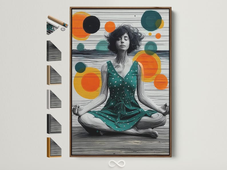 Seated meditating woman illustration with teal, orange and yellow circles and horizontal stripes background