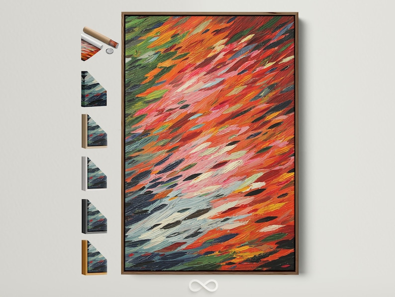 Abstract painting with orange-red, pink, green and dark navy brushstrokes in diagonal layers