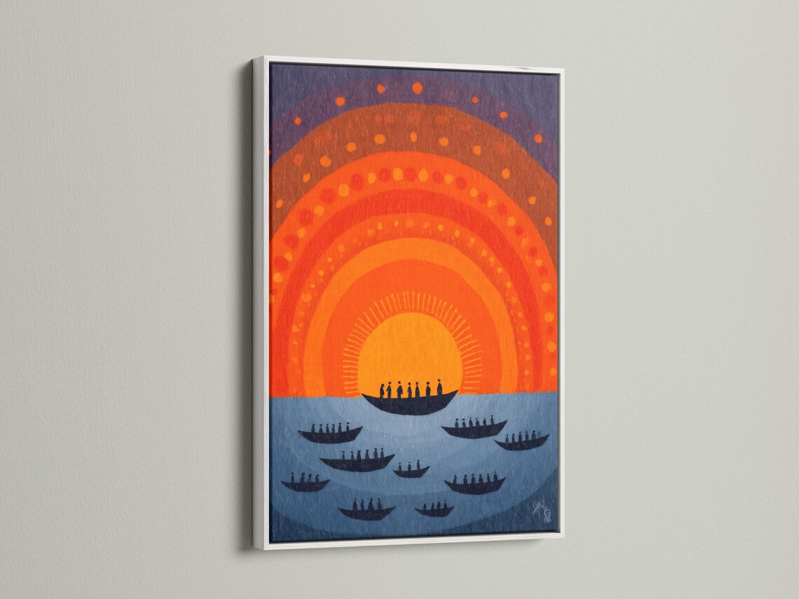 Abstract boats and sunset arcs in orange and navy with a purple dotted sky detail view