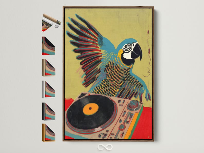 Stylised parrot perched over a vinyl record and DJ turntable with teal, red and black accents on a warm yellow background
