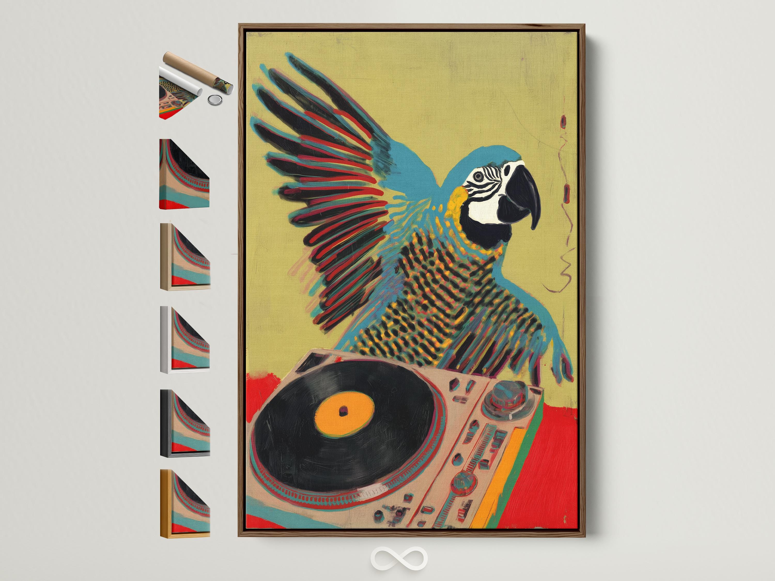 Blue Parrot DJ Canvas Print - Retro Turntable Bird Art, Funky