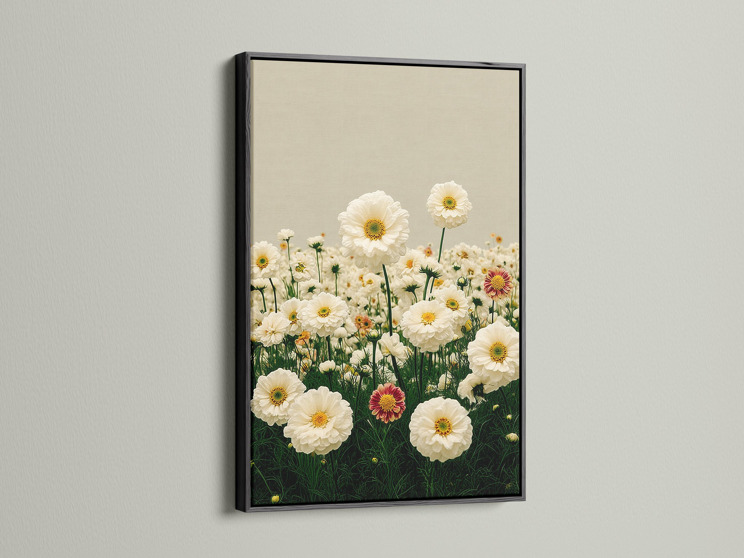 Room mockup showing a person holding flowers beside framed daisy meadow artwork