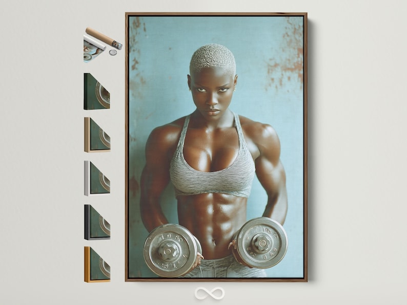 Athletic woman holding weight plates in a teal-toned fitness portrait