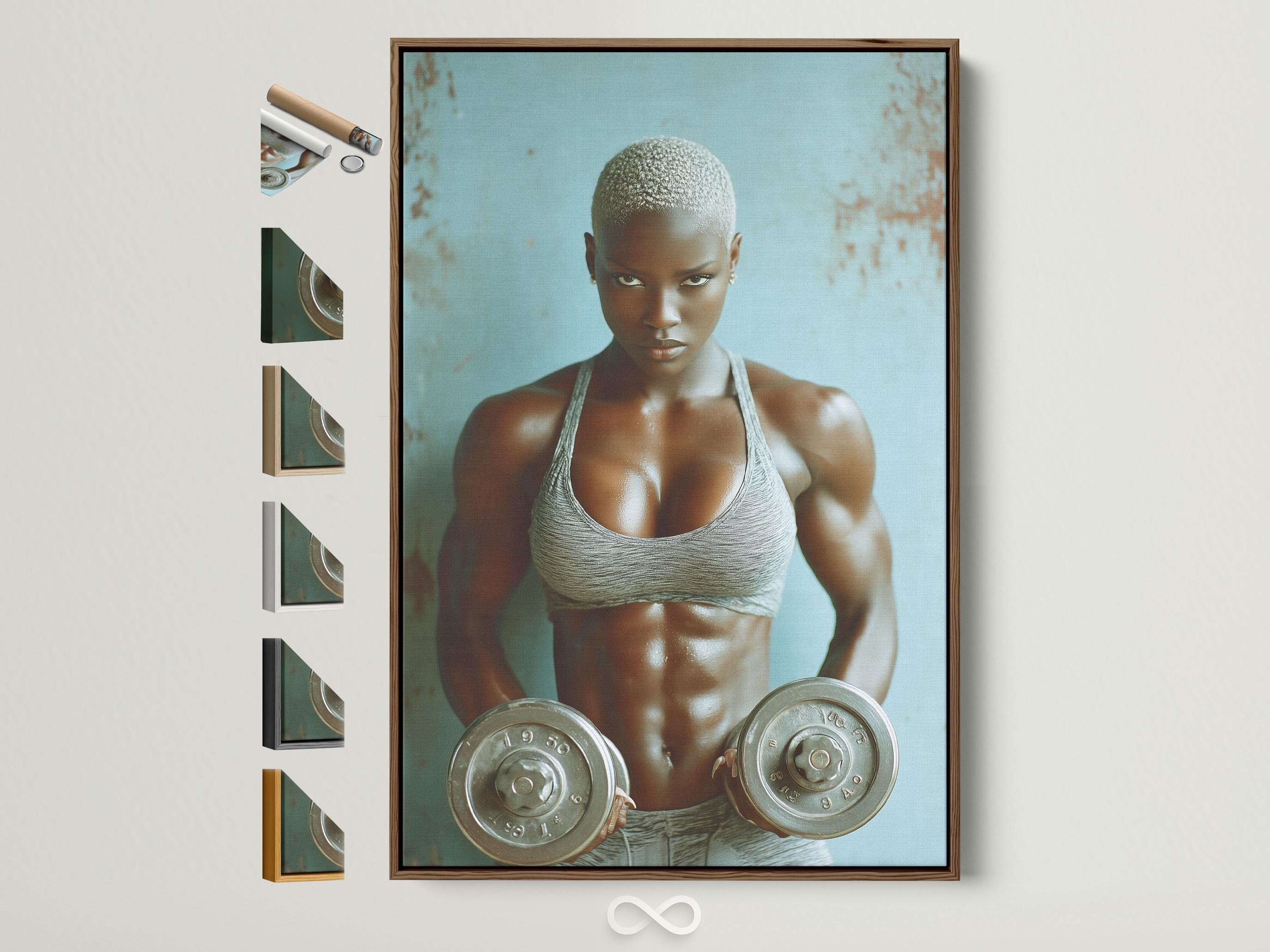 Athletic woman holding weight plates in a teal-toned fitness portrait