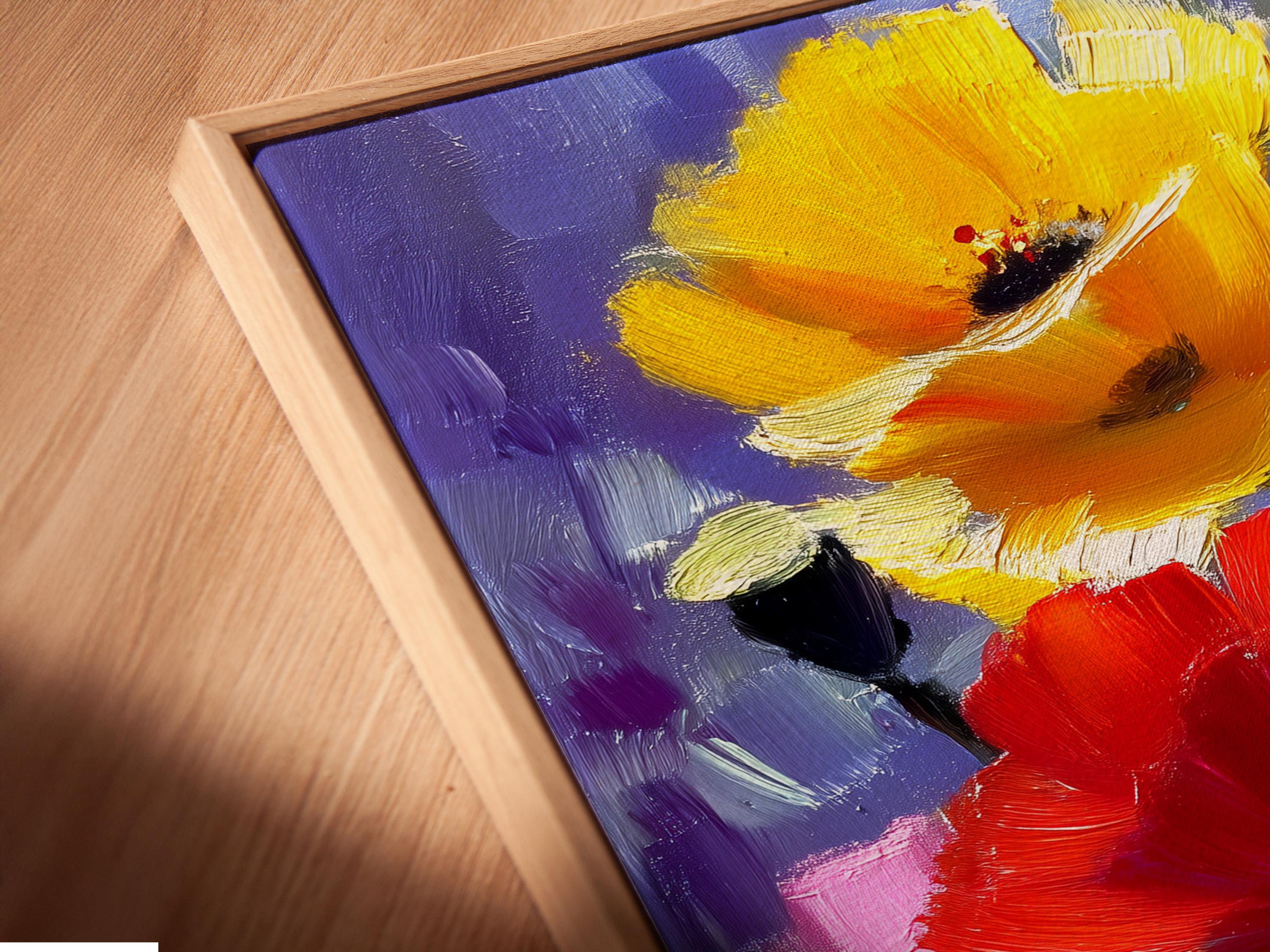 Painterly floral painting with purple, pink, red and yellow blooms and green stems detail view