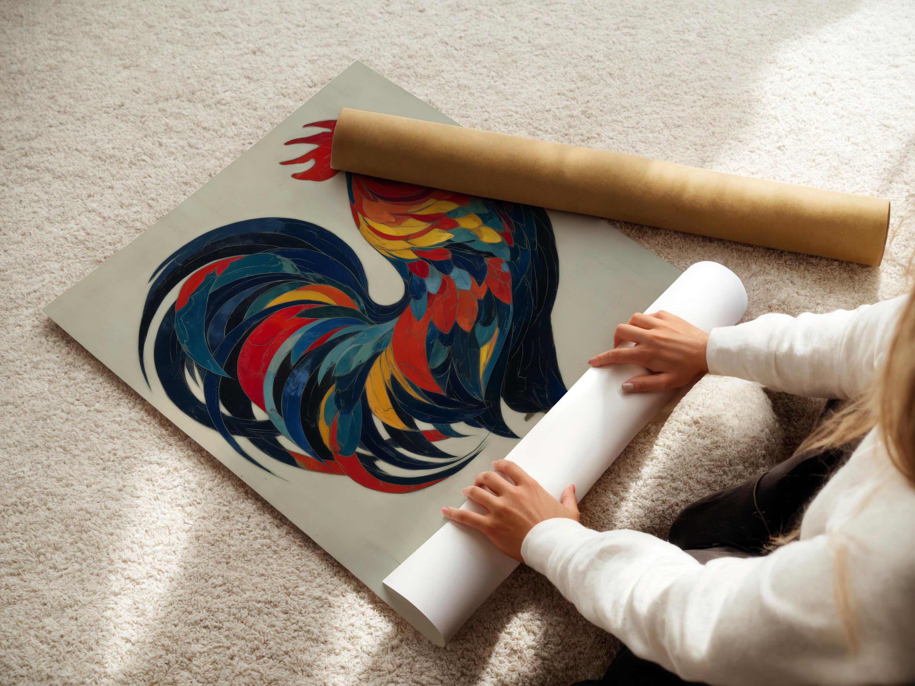 Colourful rooster illustration with layered red, blue and yellow feathers on an off-white background detail view