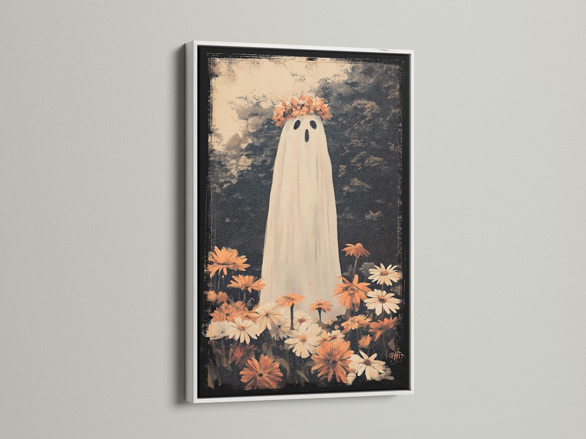 A tall white ghost with oval eyes and an orange flower crown surrounded by autumn flowers on a dark speckled background detail view