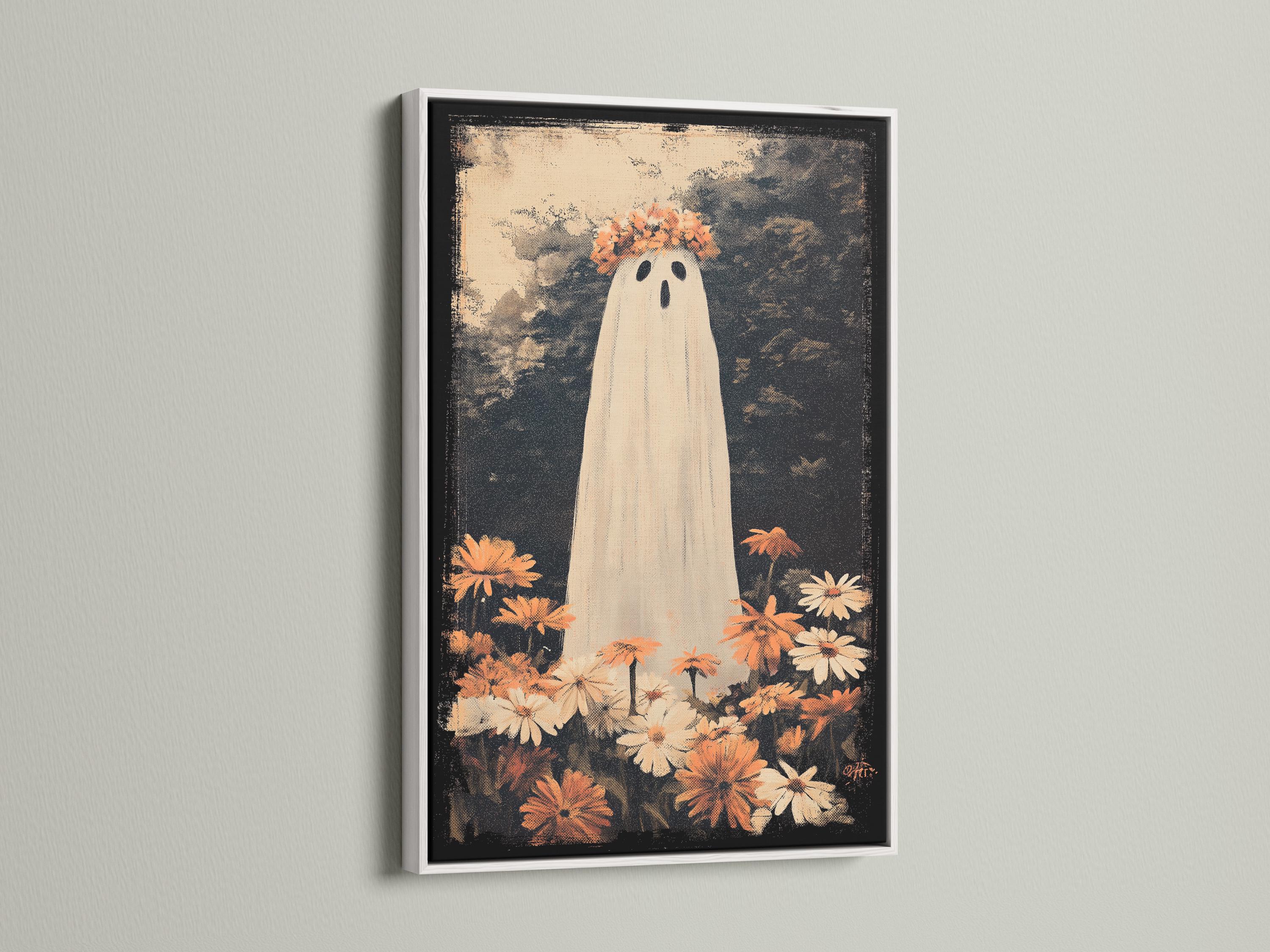 A tall white ghost with oval eyes and an orange flower crown surrounded by autumn flowers on a dark speckled background detail view