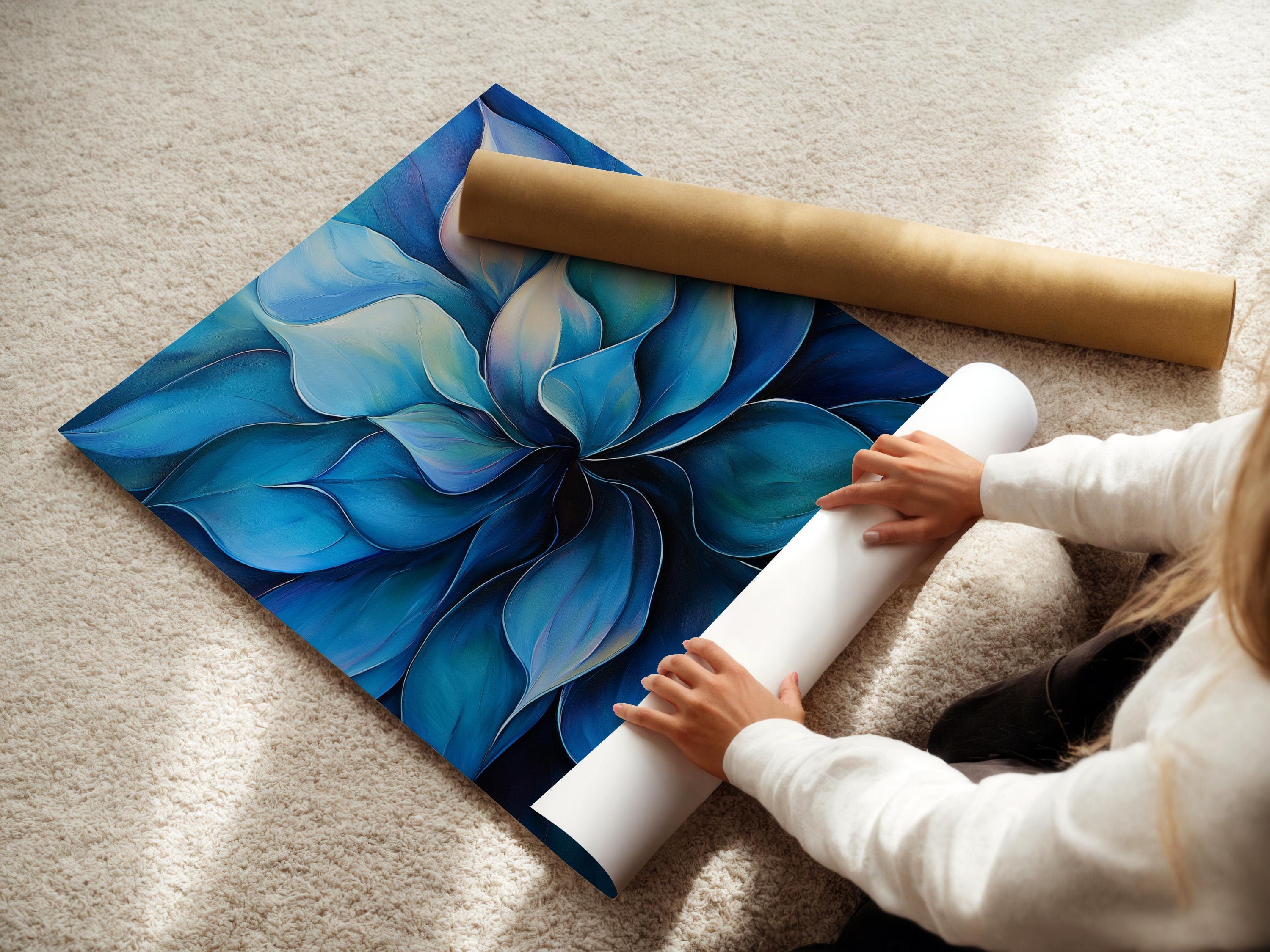 Blue abstract botanical artwork with layered petals and ivory highlights detail view
