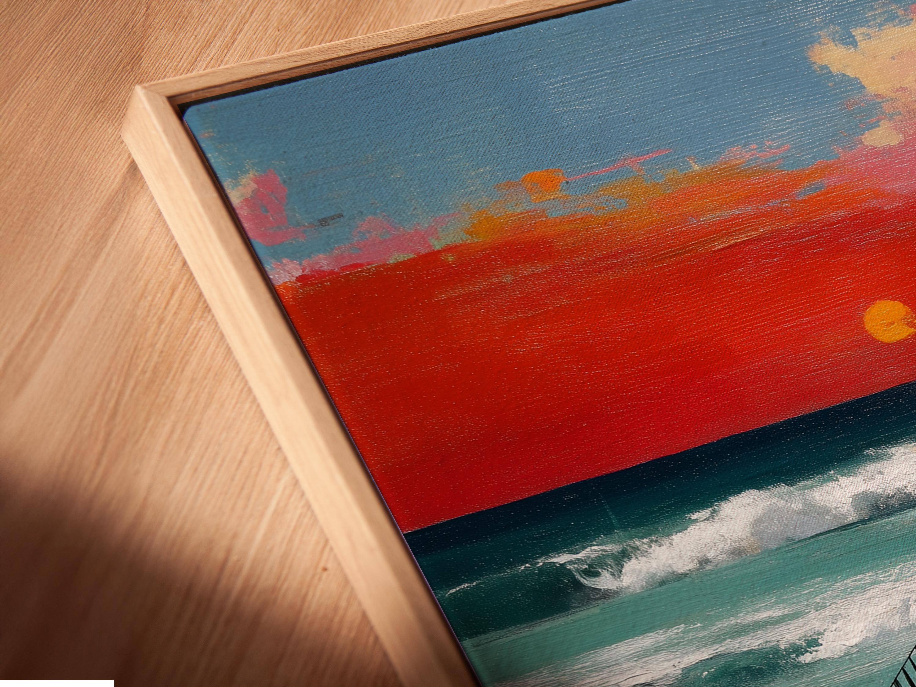 Sunset pier seascape wall art mockup on a light background with framed versions shown