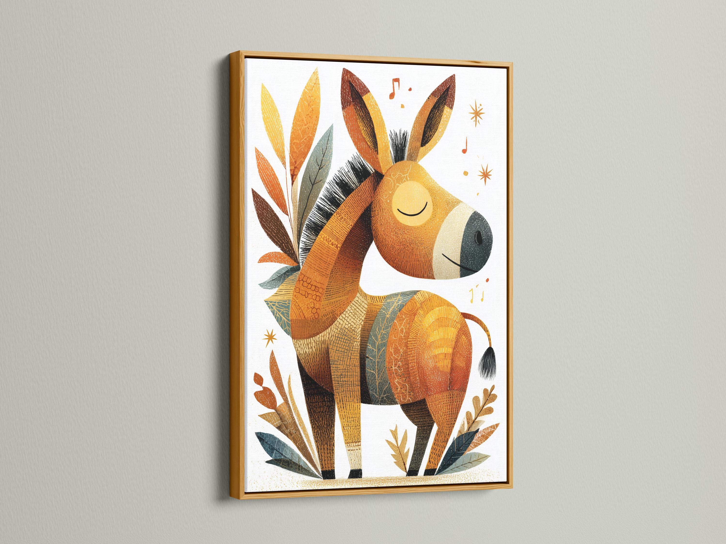 Boho donkey illustration with warm beige and brown tones, leafy accents, sparkles and music notes on a light background detail view