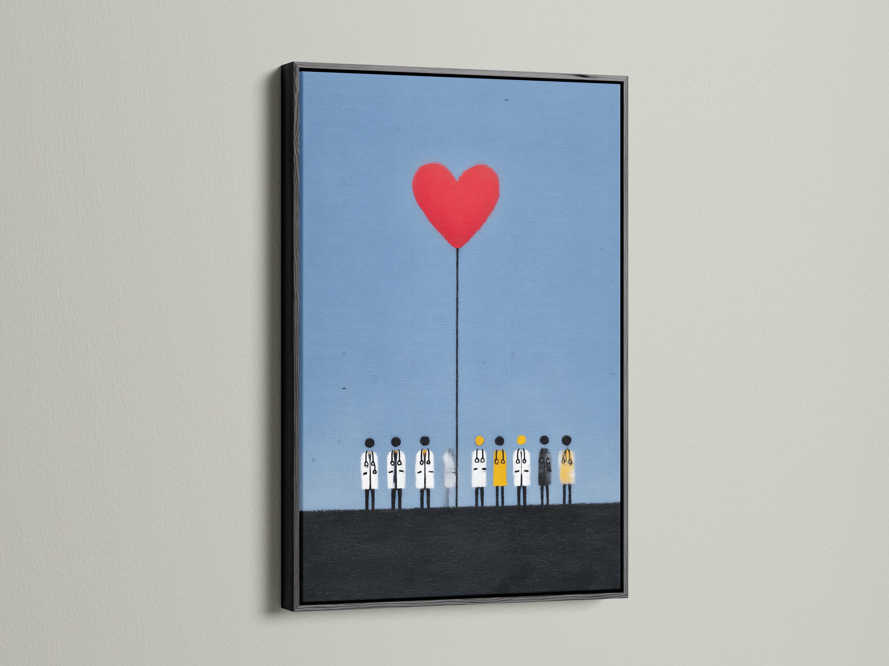 Red heart balloon above stylised healthcare workers in white coats on a light-blue textured background detail view