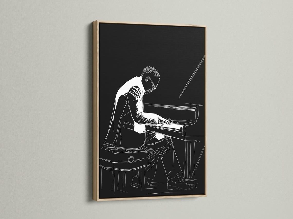 Black and white line drawing of a pianist playing an upright piano detail view