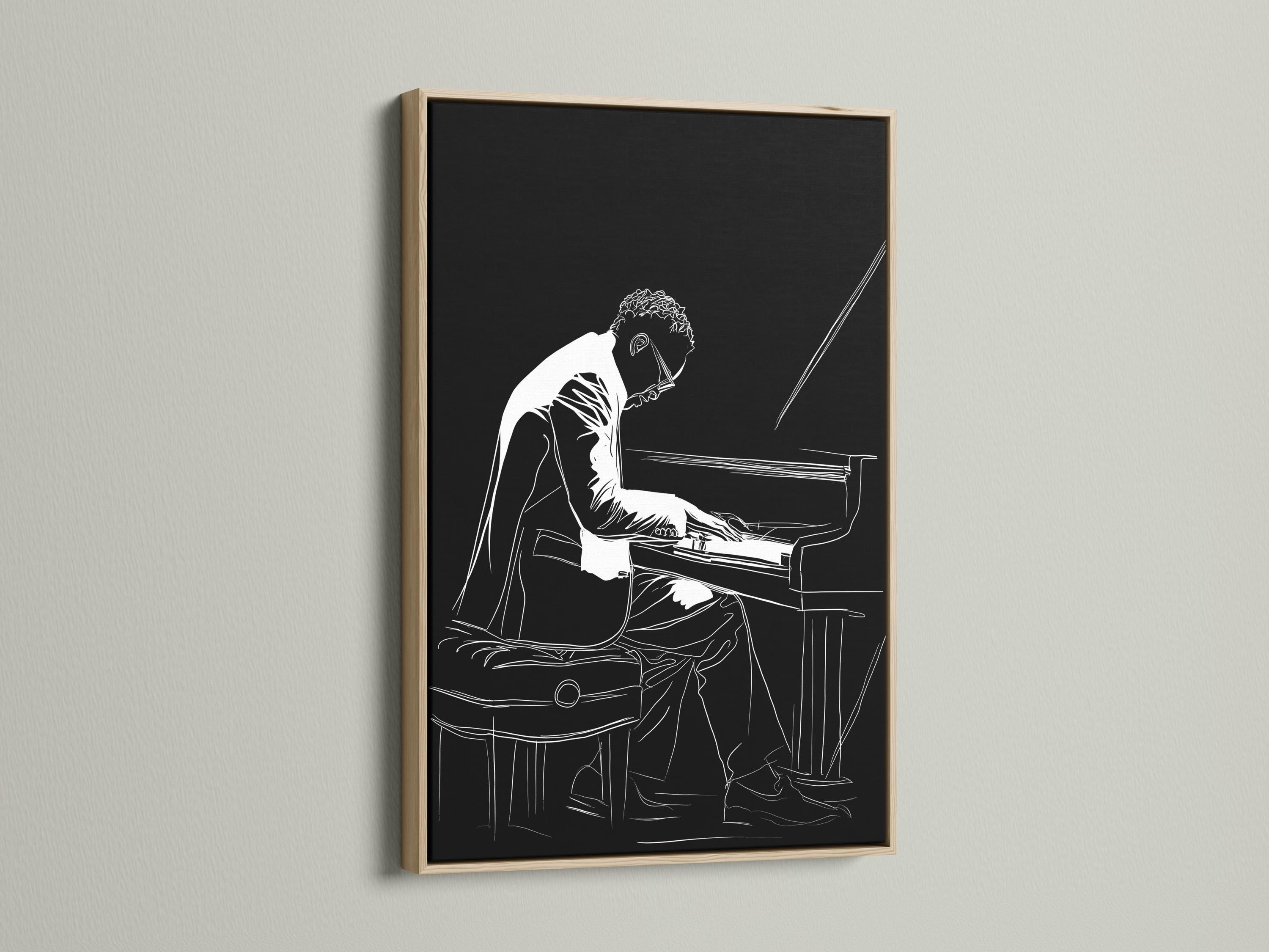 Black and white line drawing of a pianist playing an upright piano detail view