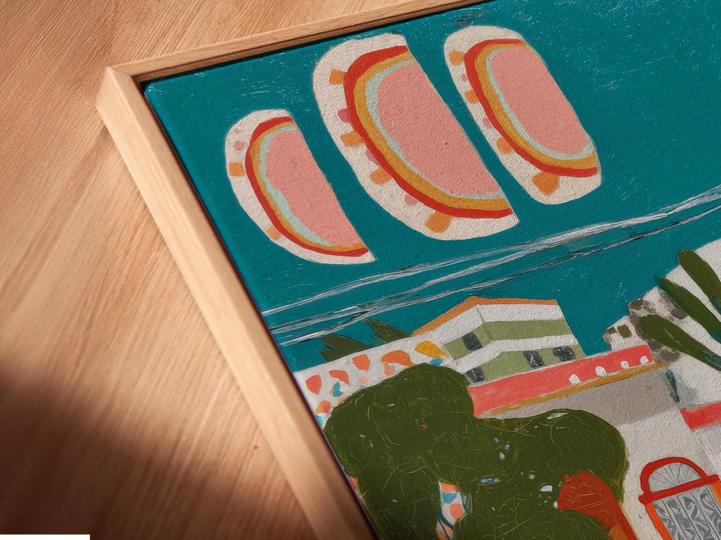 Retro car and coastal village artwork with teal sky and coral buildings detail view