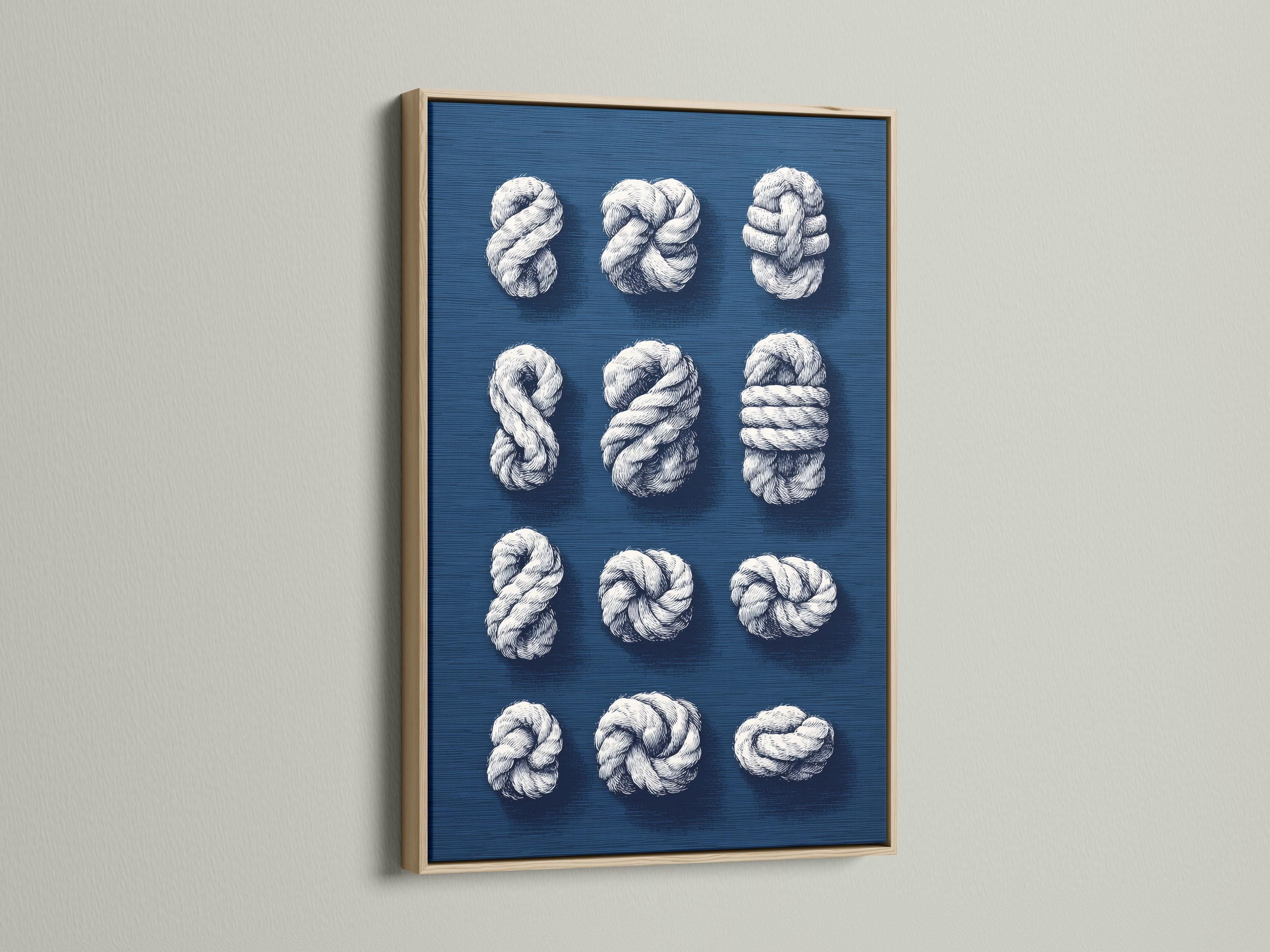 Nine white rope knots arranged on a navy blue background detail view