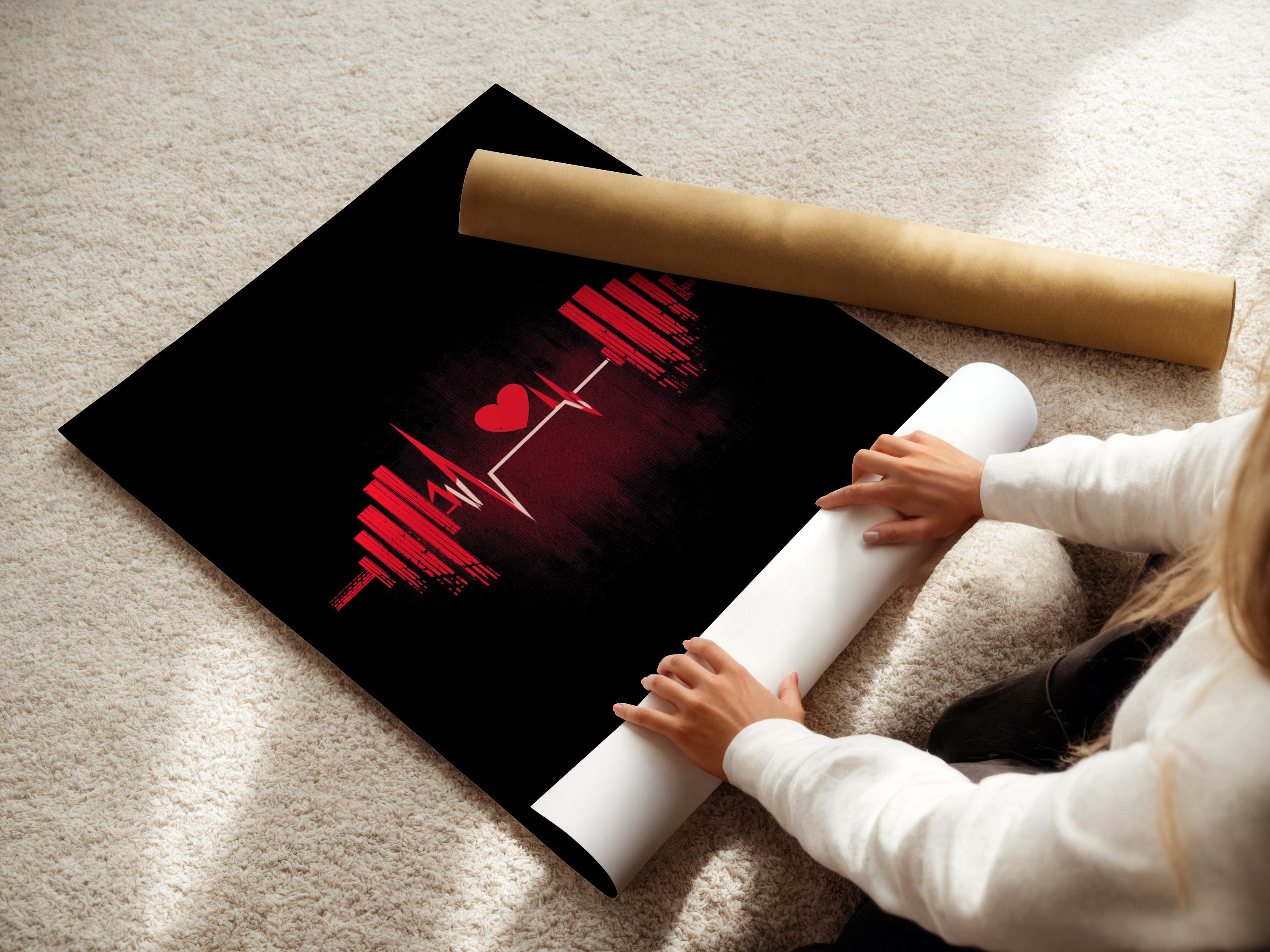 Black fitness graphic with a red heart icon, pulse waveform line and symmetrical vertical bars detail view